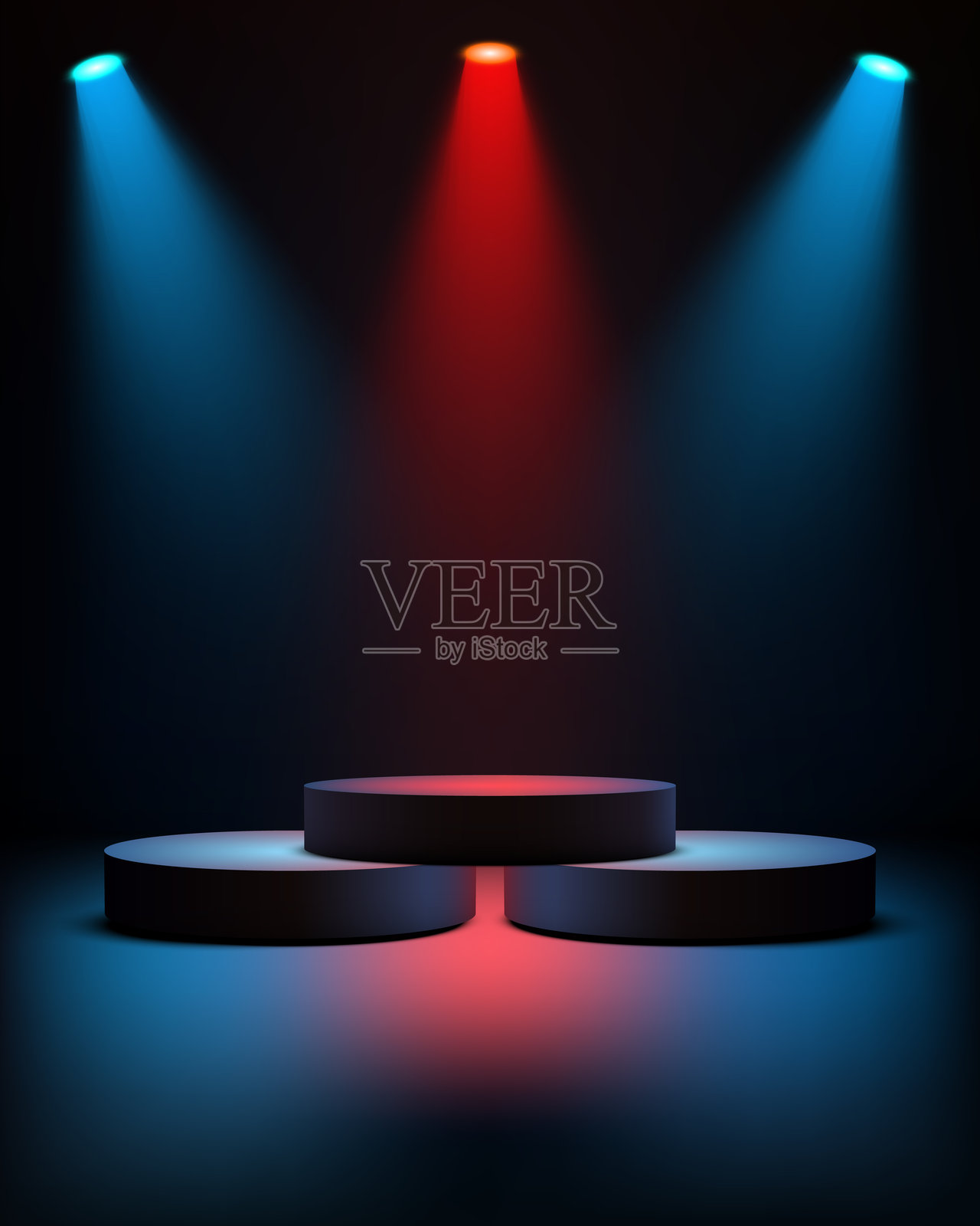 带有未来感的三层圆柱形展示台的黑暗舞台背景，带有用于产品展示模型的蓝红色聚光灯，极简几何设计插画图片素材