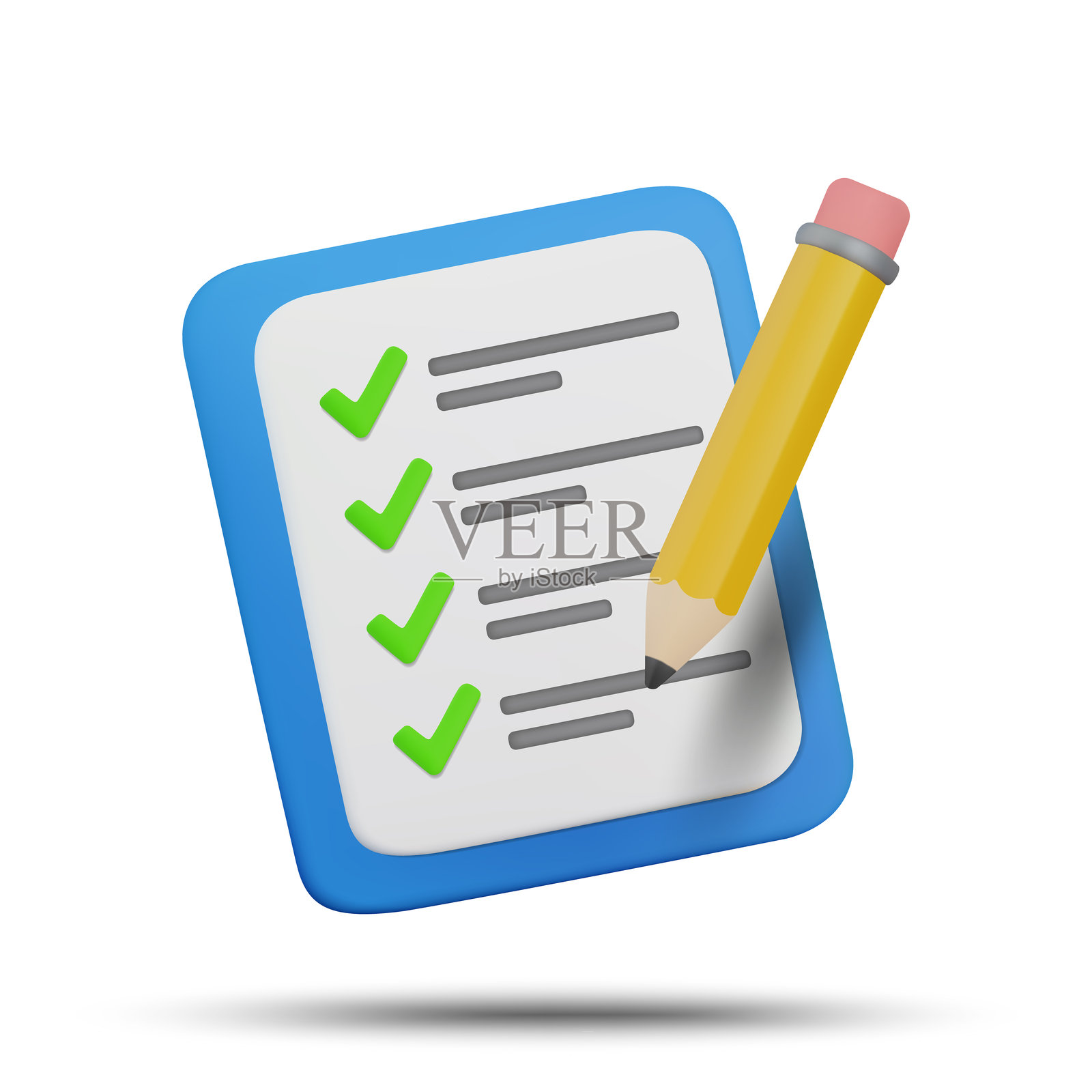 3D插画矢量渲染图标，简约风格。彩色的待办事项清单纸张，带有复选标记和铅笔，孤立在白色背景上。规划、管理、笔记概念。插画图片素材