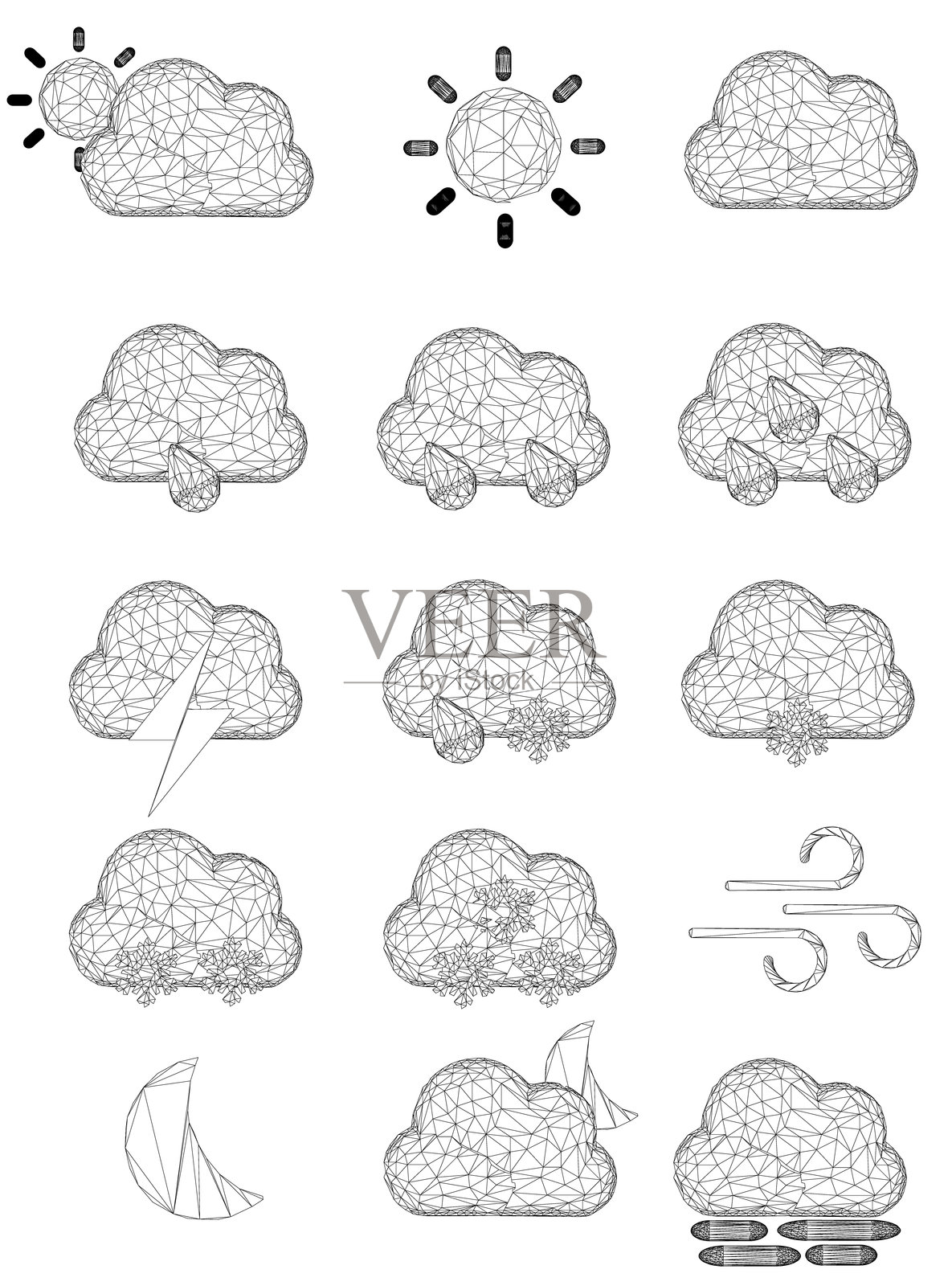 白色背景上以网格状排列的黑白多边形天气图标。线框套装使用灰色阴影，并带有白色点缀，代表各种天气预报状况。插画图片素材
