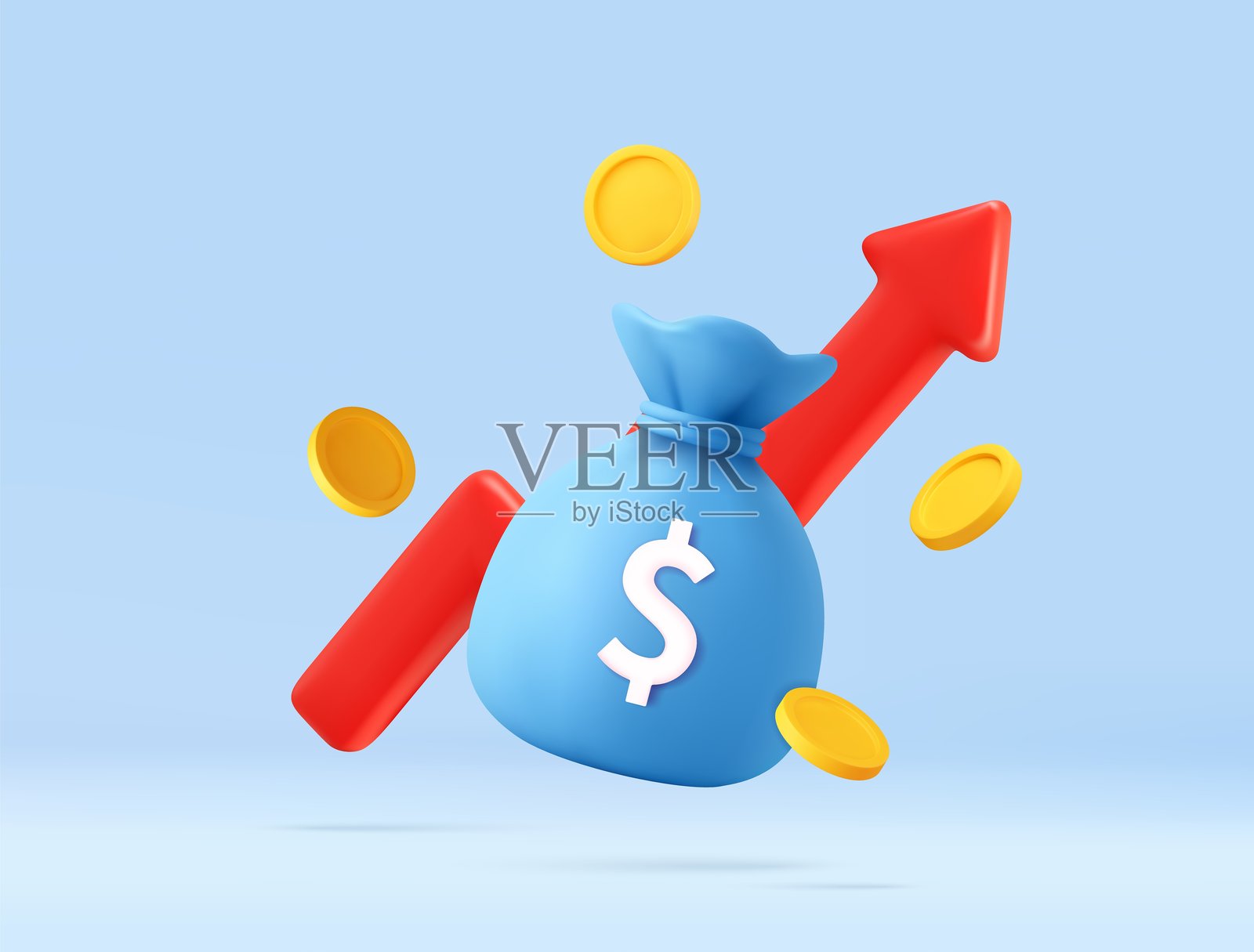 带箭和硬币的3D飞翔钱袋插画图片素材