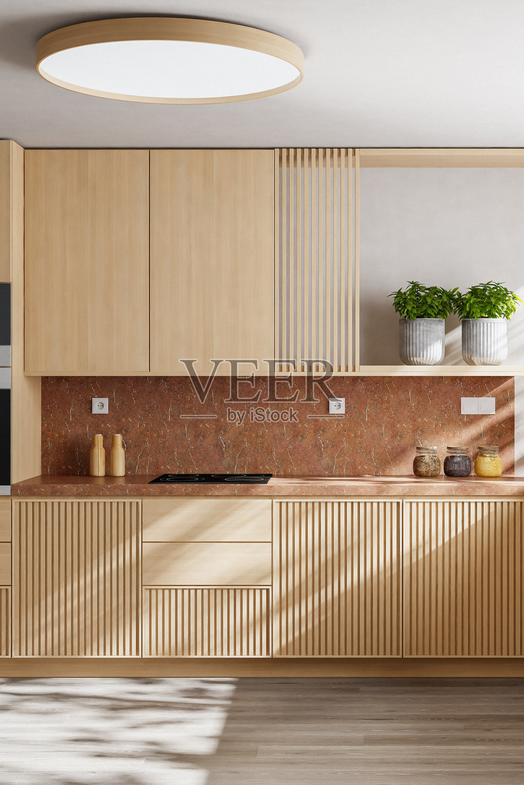 奢华厨房内景特写，点缀着松木和红色大理石照片摄影图片