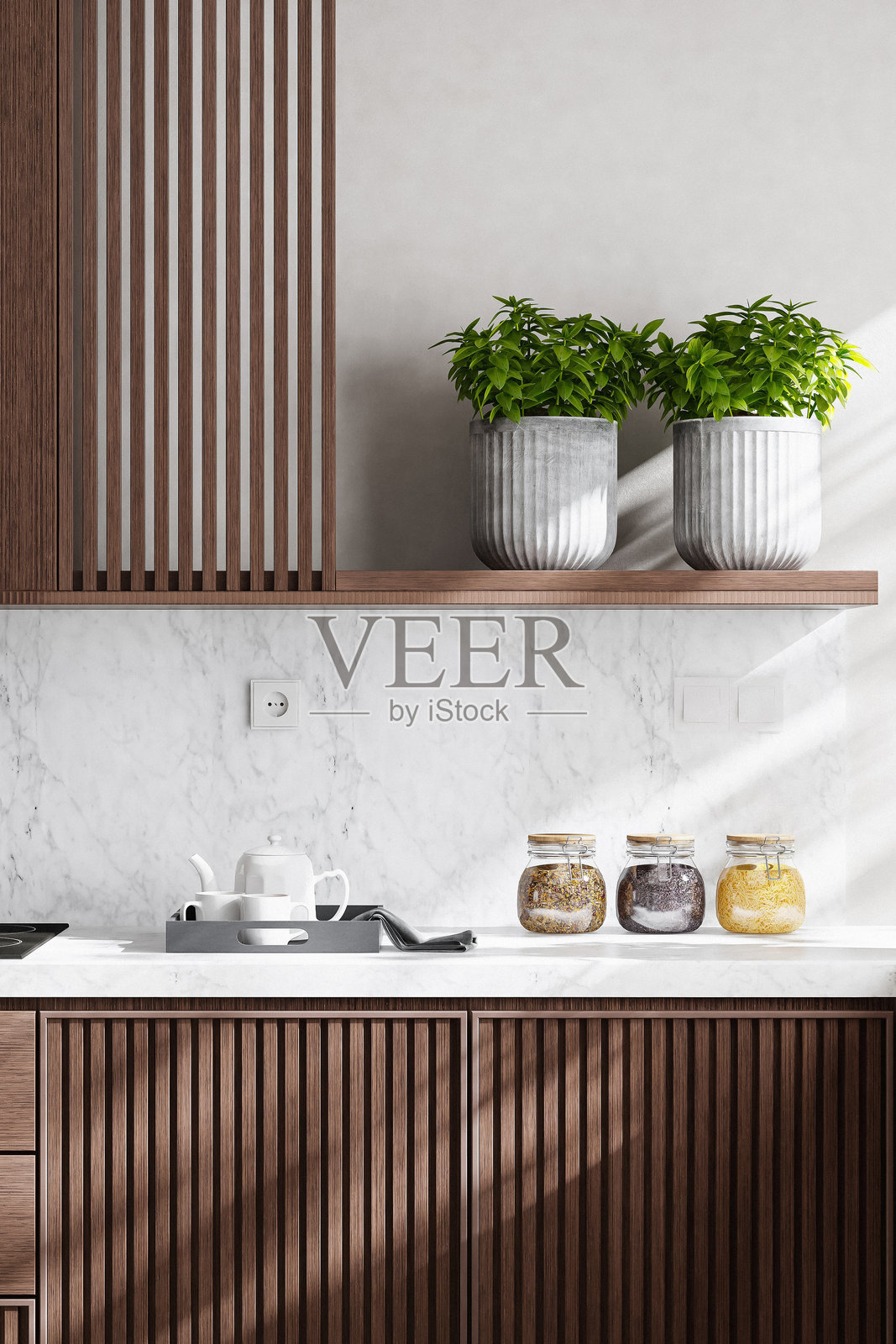 带大理石台面和自然光的豪华深色橡木厨房照片摄影图片