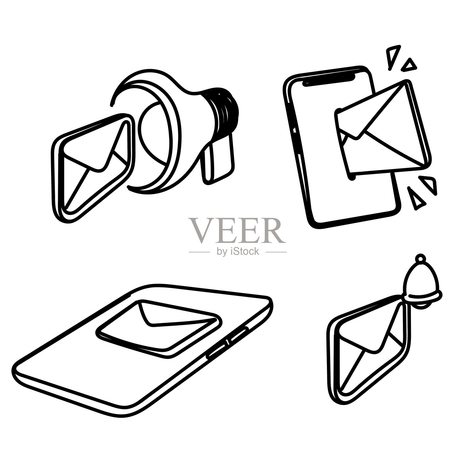 智能手机上的涂鸦电子邮件营销和通知图标以及手绘的扩音器相关图标插画图片素材