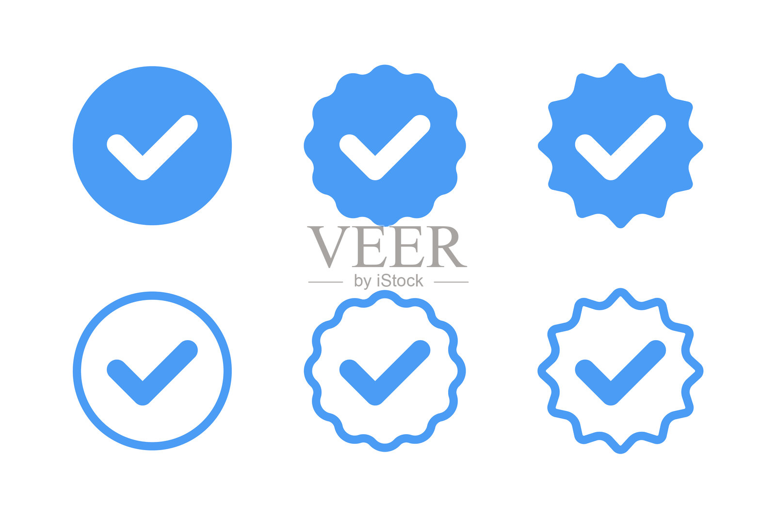 徽章检查图标。验证印章图标。蓝色平面星形贴纸。已验证徽章个人资料集。社交媒体账户验证图标。独立复选标记。保证标志。矢量图。插画图片素材