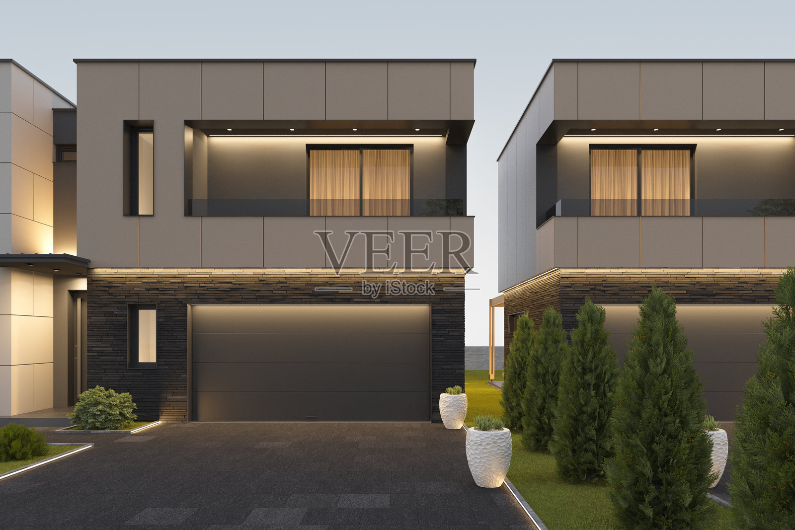 日出时分的现代复式别墅外观照片摄影图片