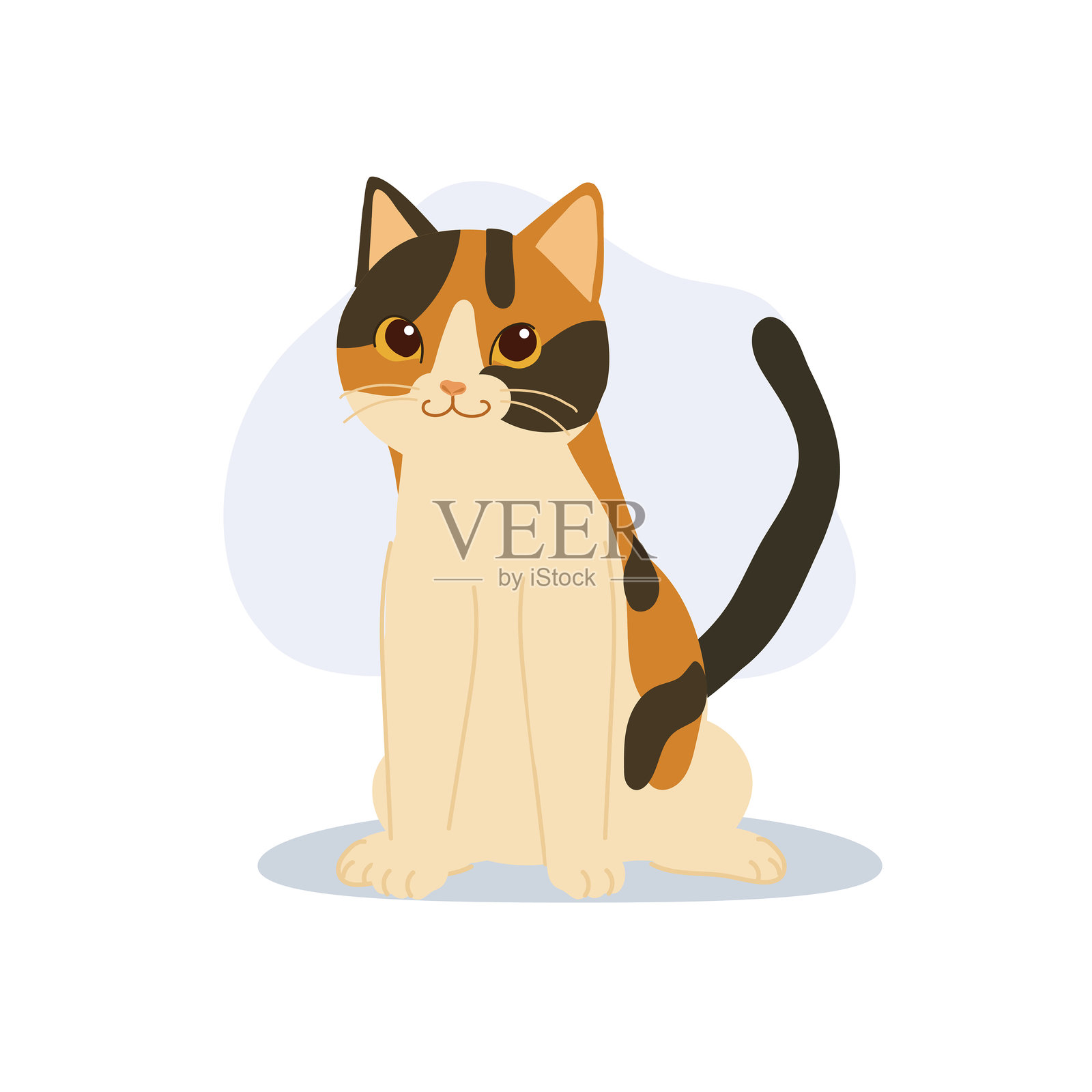 一只可爱的三花猫平静地坐着。适合宠物爱好者和动物主题的设计。插画图片素材