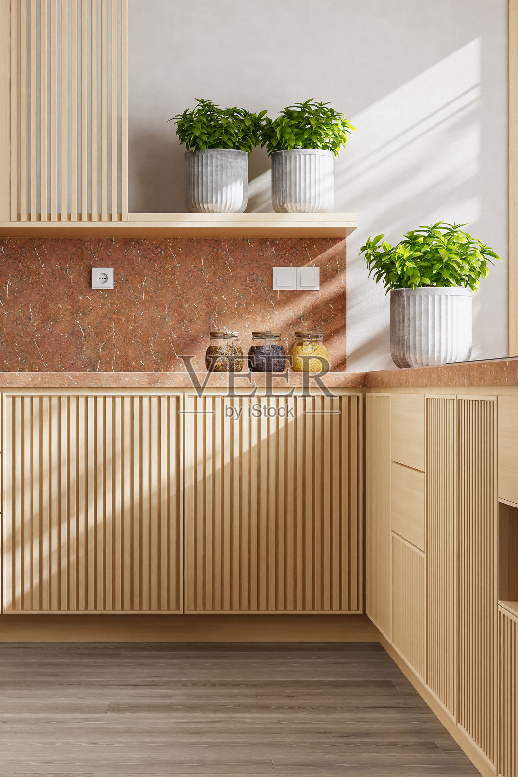 奢华厨房内部特写，点缀着松木和红色大理石照片摄影图片