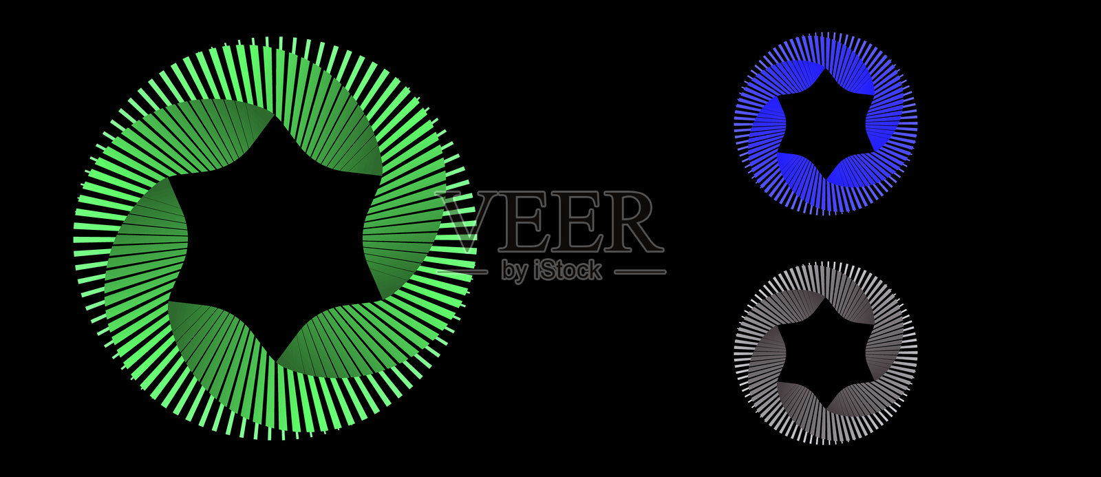 绿、蓝、灰色的几何图形在黑色背景上构成圆形线条抽象背景。六个部分组成的螺旋形艺术设计，可用作标志或图标。插画图片素材