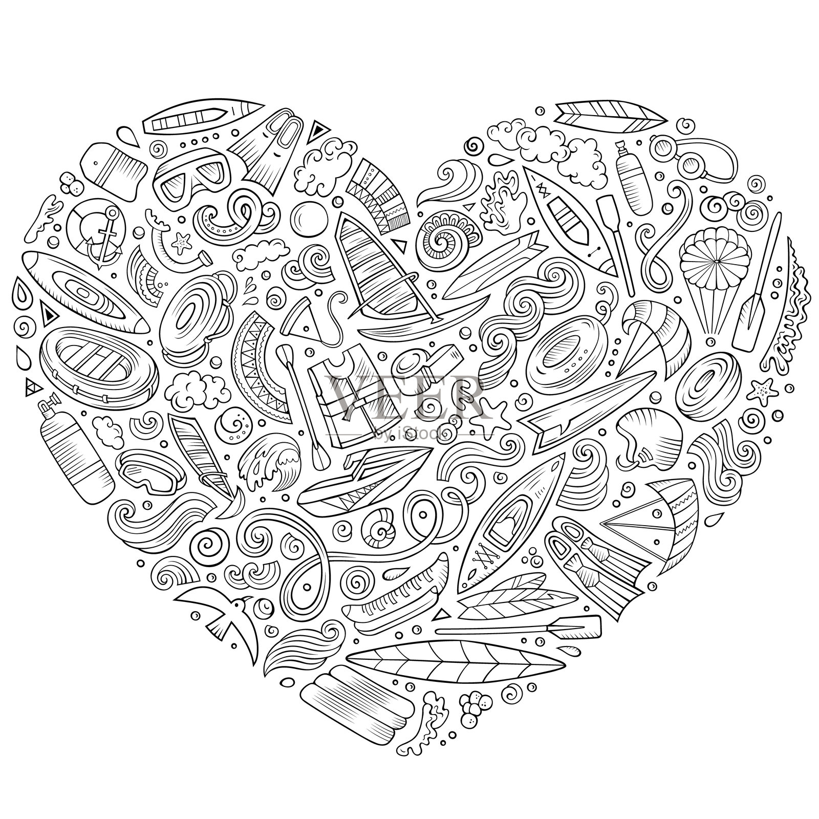 水上运动卡通涂鸦图标集合。心形构图插画图片素材