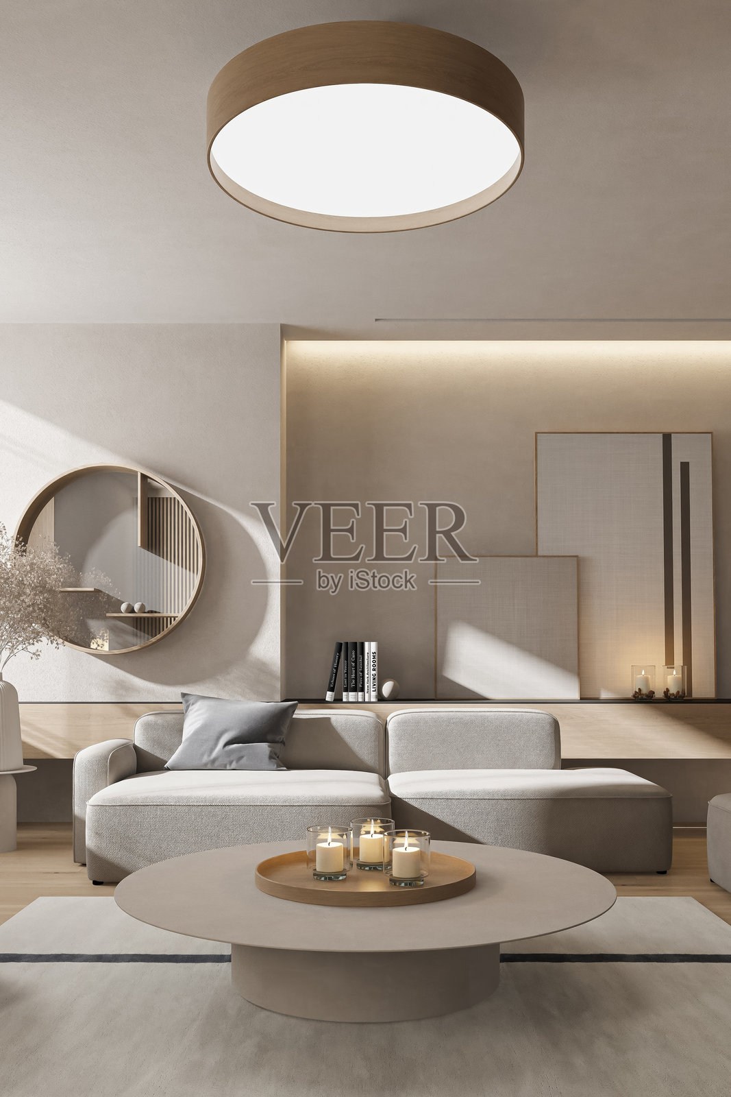 日式与北欧混搭风格客厅，采用自然材质和日光氛围照片摄影图片