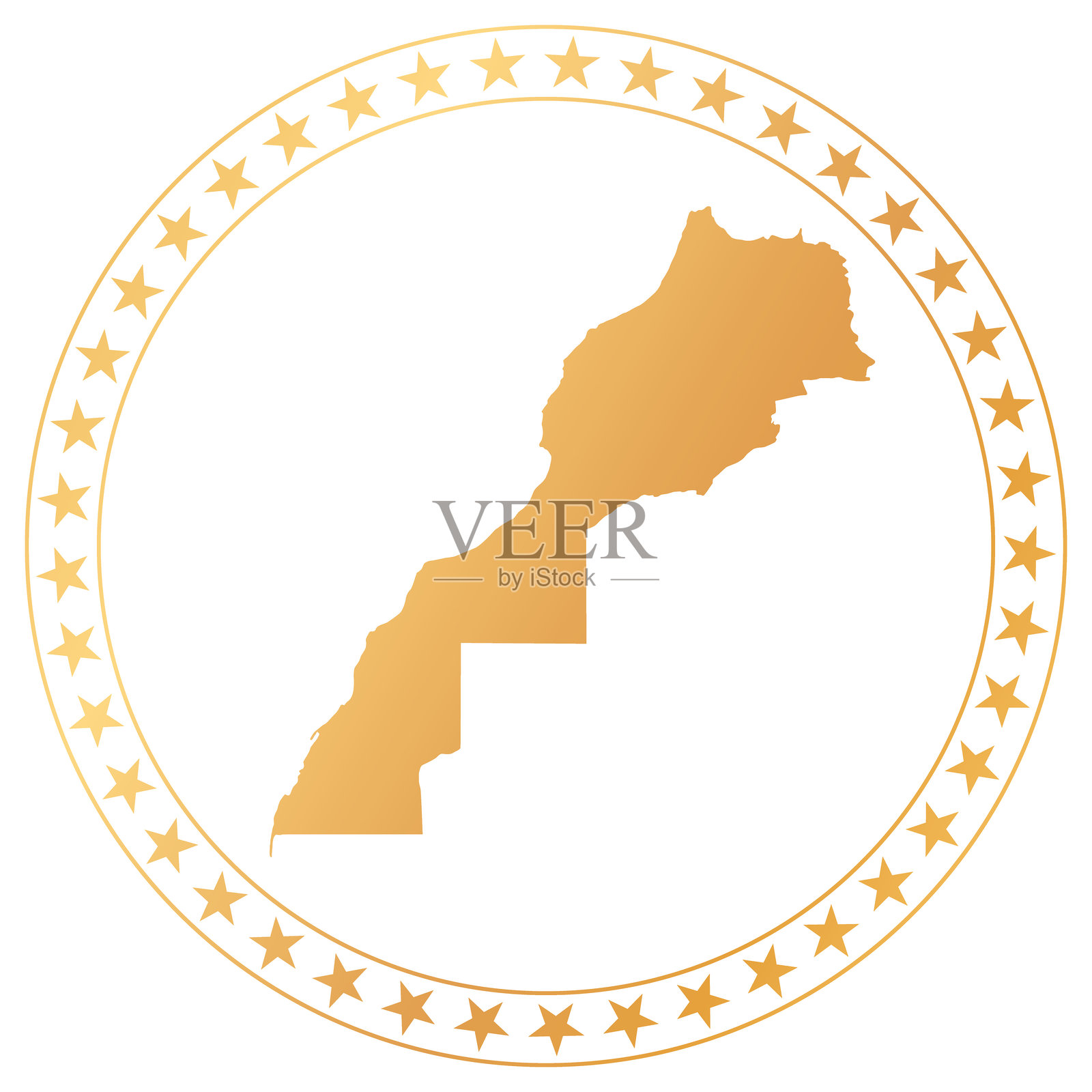 金色的摩洛哥地图，在带有星星的圆形框架内插画图片素材