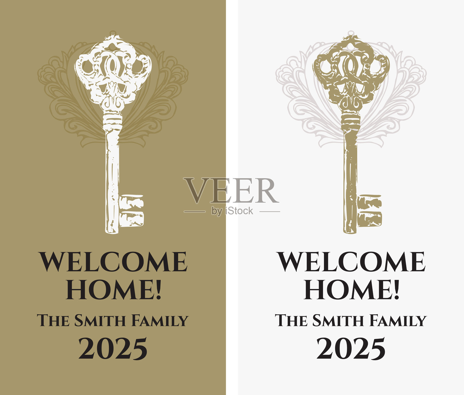 复古乔迁宴请帖、标签或贺卡模板，配有钥匙图案插画图片素材