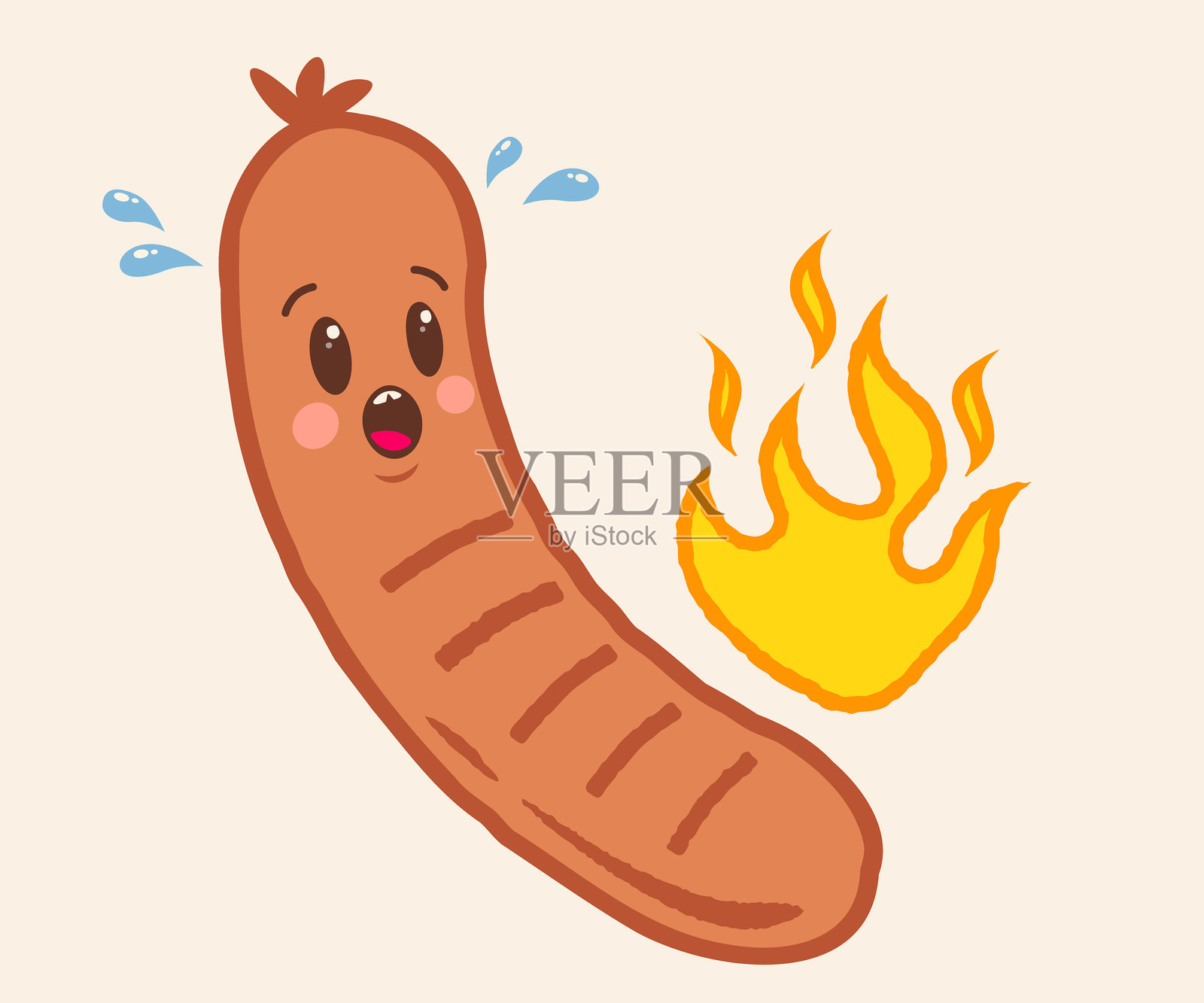 复古时髦风格的搞笑香肠矢量插画，火焰元素。复古风格的烧烤香辣香肠卡通。插画图片素材