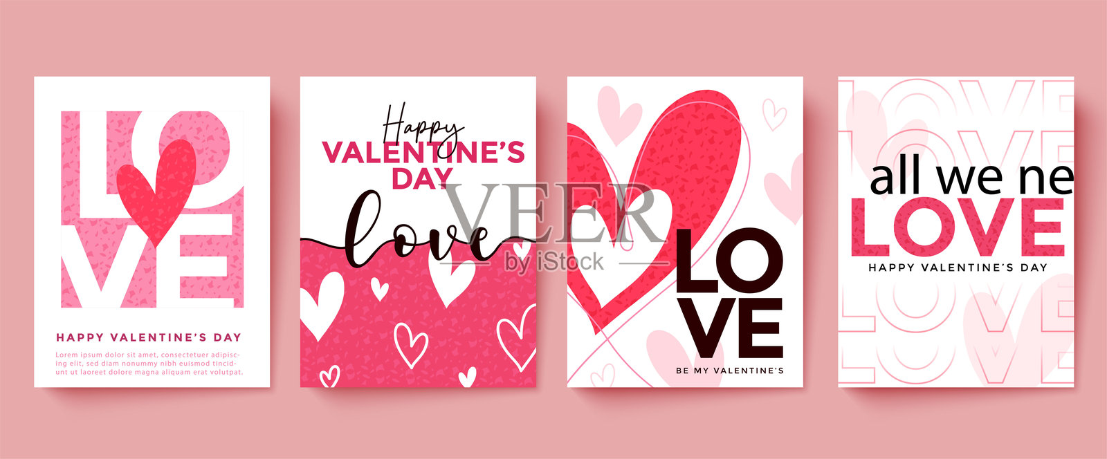 情人节海报套装，包含优雅的爱情文字和浪漫的心形元素插画图片素材