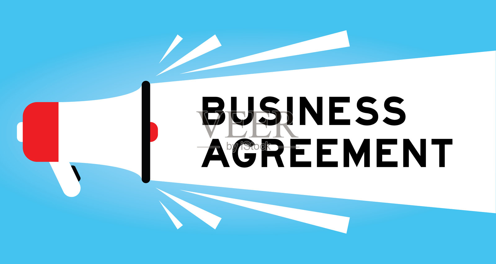 蓝色背景上带有白色横幅和“商务协议”字样的彩色扩音器图标插画图片素材