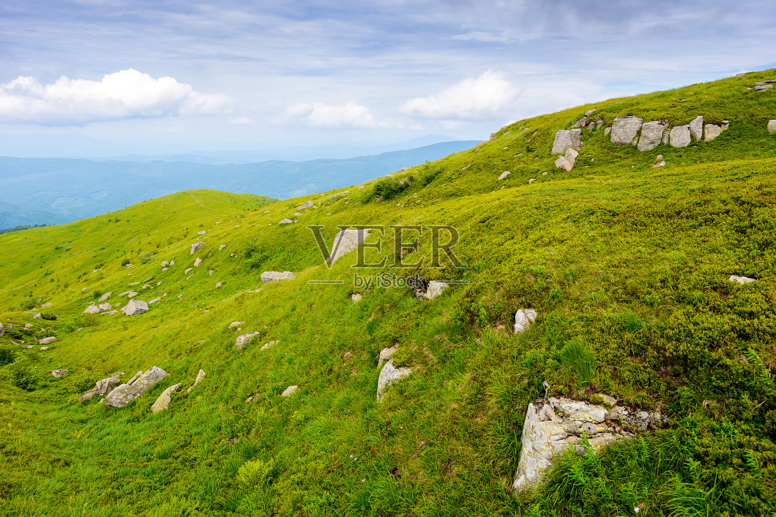 夏季阿尔卑斯山草甸上壮丽的山地景观，有巨大的岩石照片摄影图片