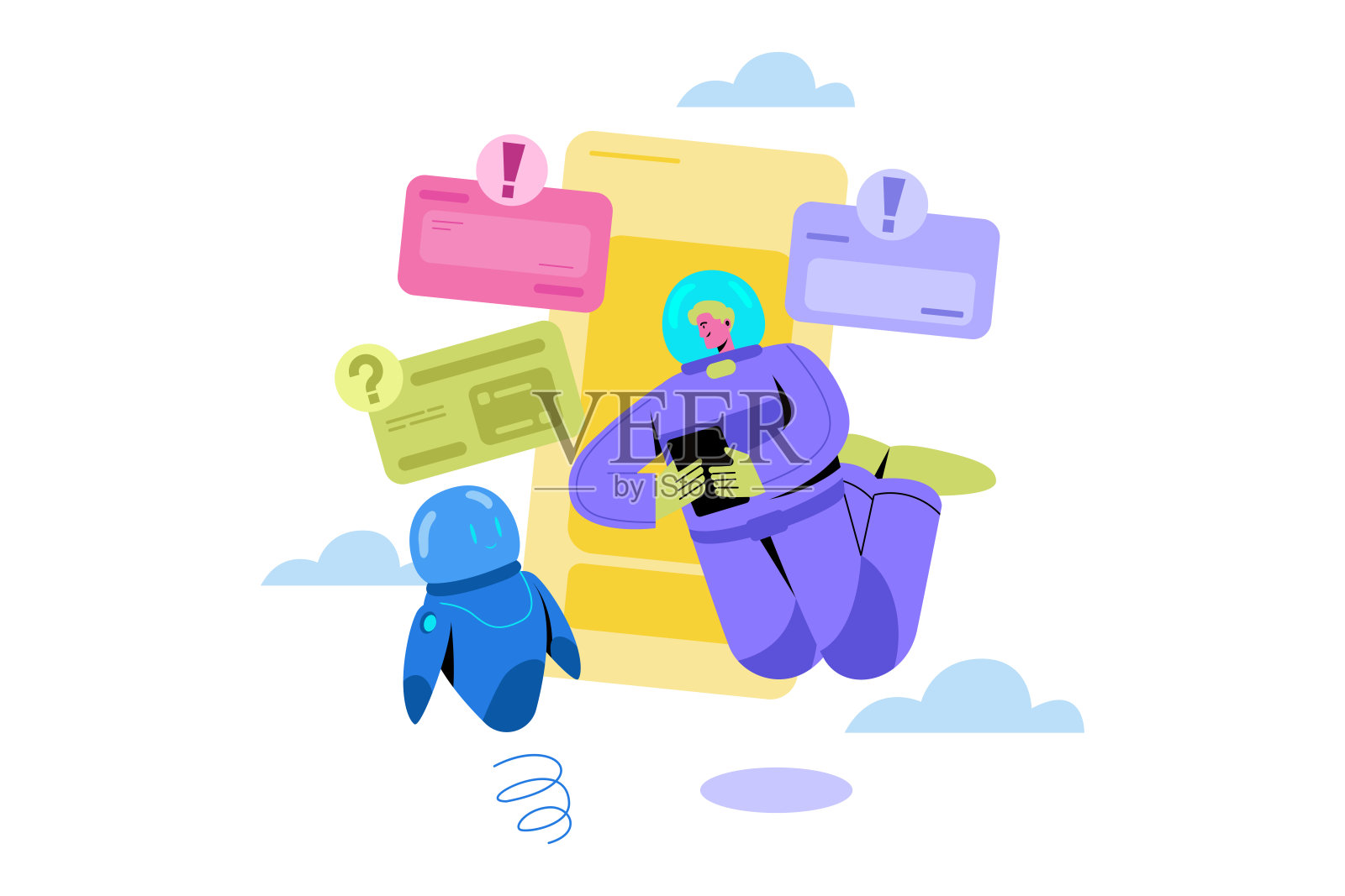 宇航员、机器人AI和数字通知插画图片素材