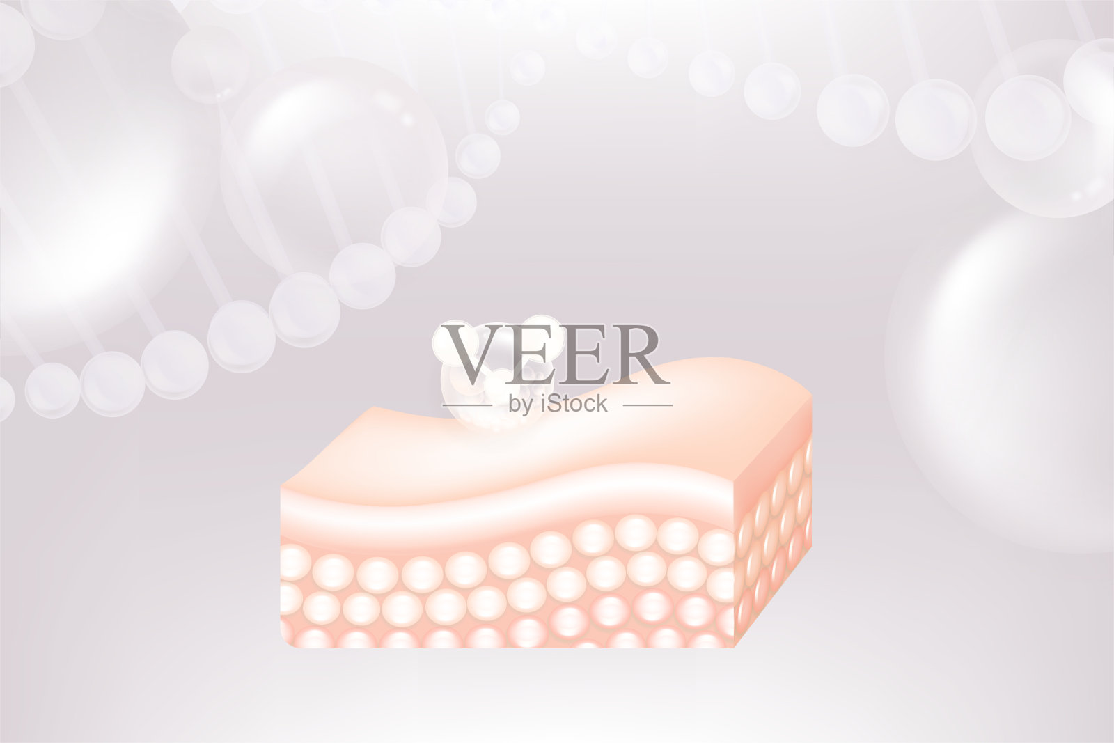 透明质酸和烟酰胺护发护肤精华广告，白色胶原蛋白精华滴入细胞，配有化妆品广告背景，插画矢量图。插画图片素材