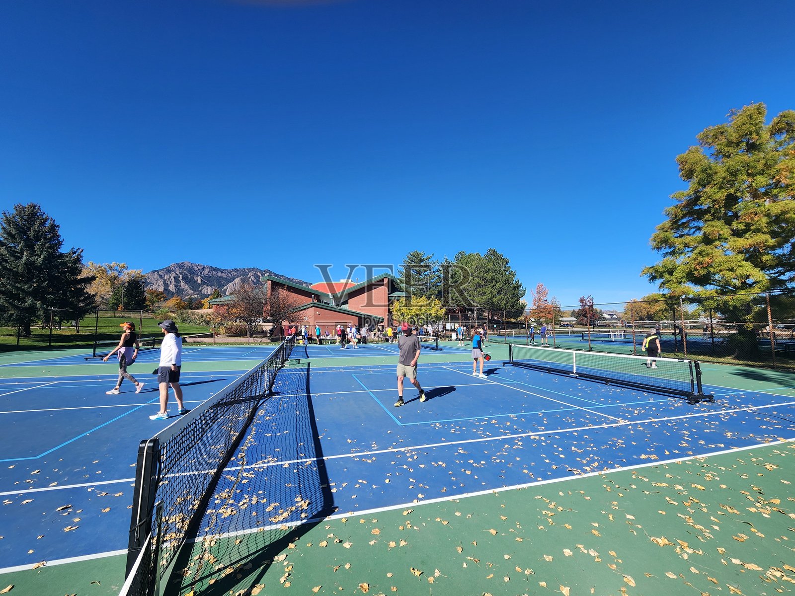 人们在科罗拉多州博尔德的户外球场上打匹克球照片摄影图片