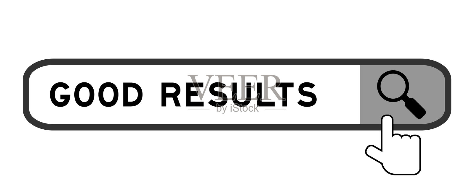 搜索词“good results”的搜索横幅，背景为白色，带有放大镜图标和手插画图片素材