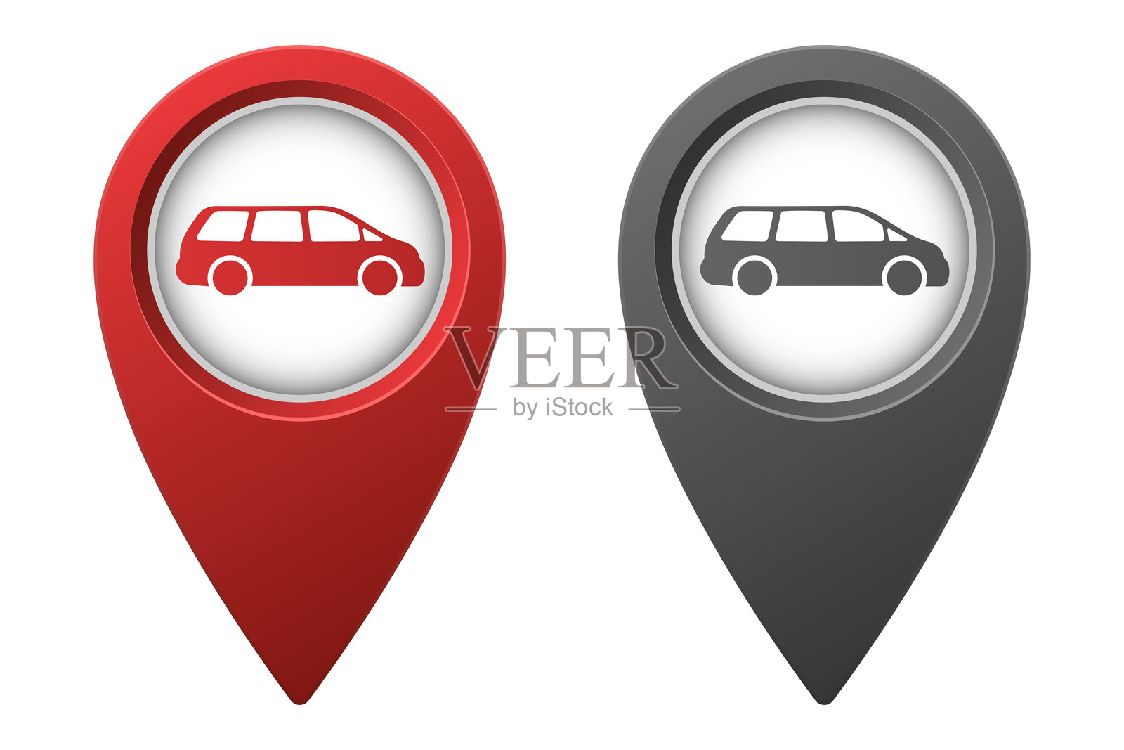 红色的活动地图指针或标记，灰色的非活动地图指针或标记，以及一辆小型货车的图标插画图片素材