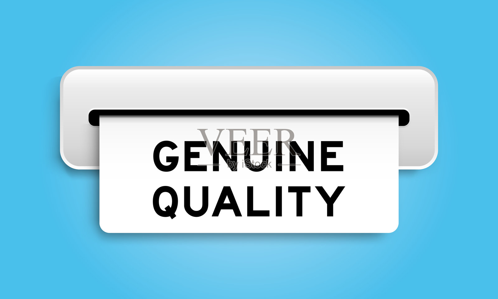 白色优惠券横幅，上面写着“真品品质”，背景为蓝色插画图片素材