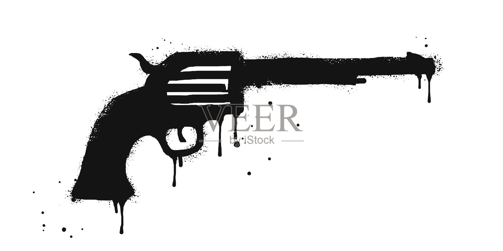 喷漆涂鸦枪，黑色背景白色图案。枪的剪影滴落符号，孤立在白色背景上。插画图片素材