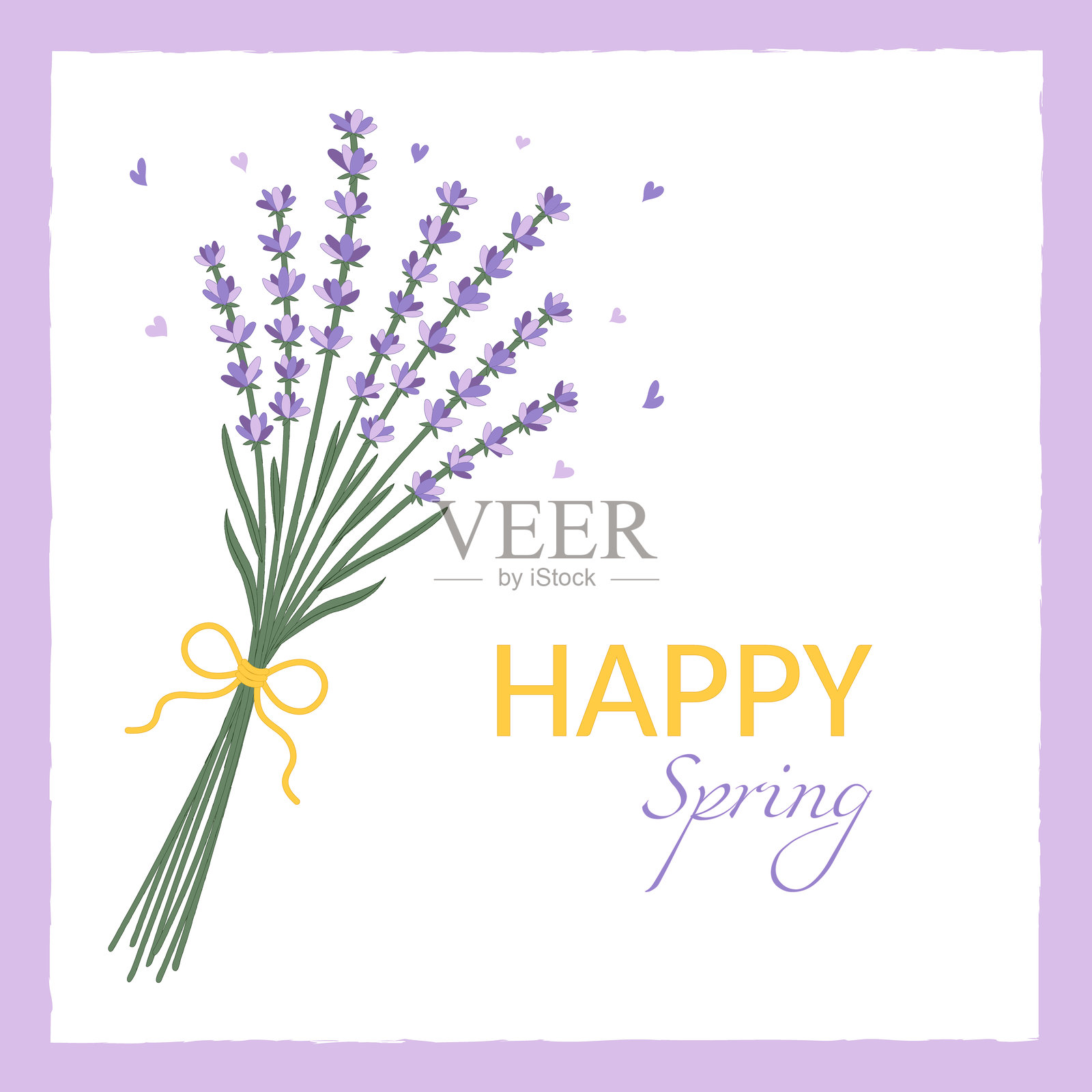 薰衣草花卉贺卡，上面写着“快乐春天”。插画图片素材