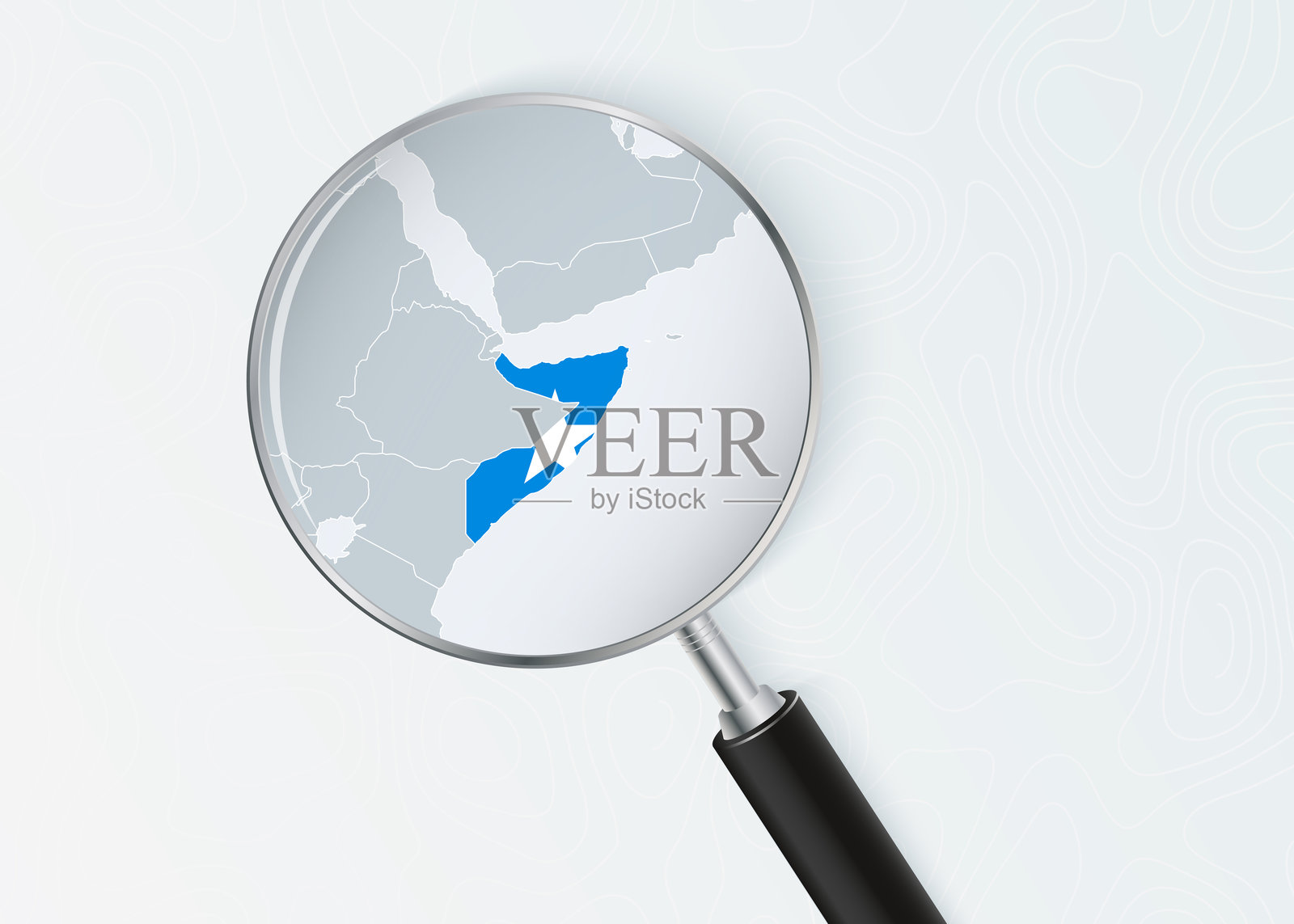 放大镜下的索马里地图，叠加国旗。插画图片素材