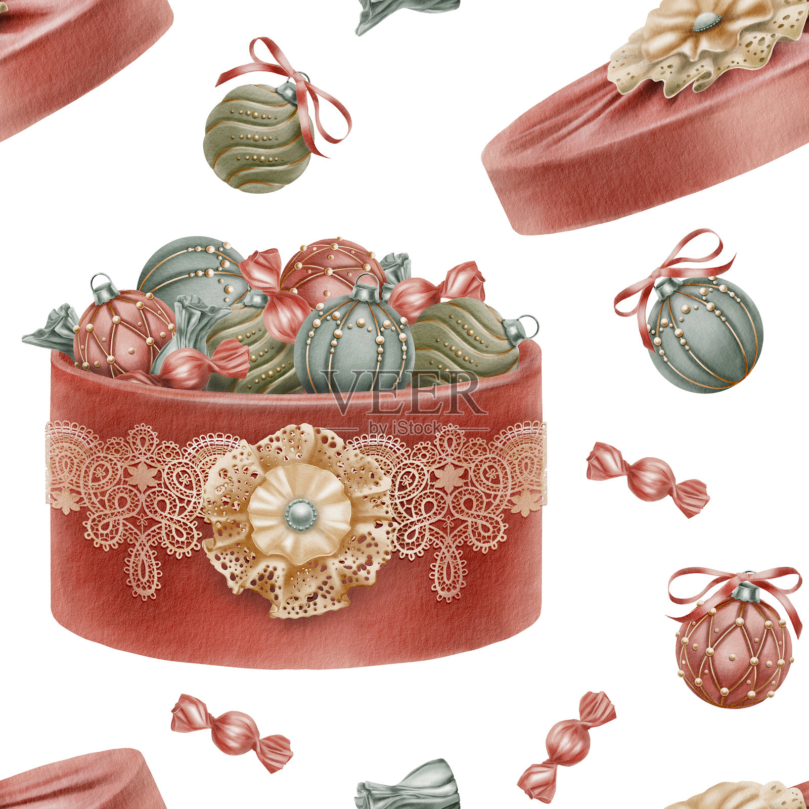 圣诞节复古风格无缝图案，圆柱形帽子盒带盖，覆盖着红色天鹅绒，饰有米色蕾丝丝带和蕾丝蝴蝶结胸针，内有圣诞树装饰球和糖果。水彩插画。插画图片素材