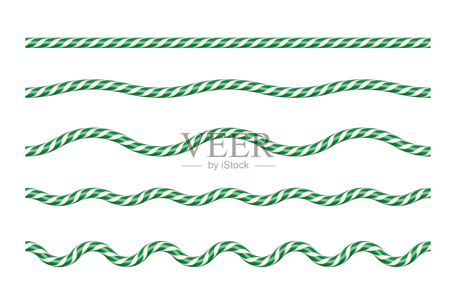 各种波浪图案的绿色和白色拐杖糖绳。节日扭曲线条，曲率增加，适用于圣诞边框、分隔线、节日装饰设计。逼真的矢量插画插画图片素材