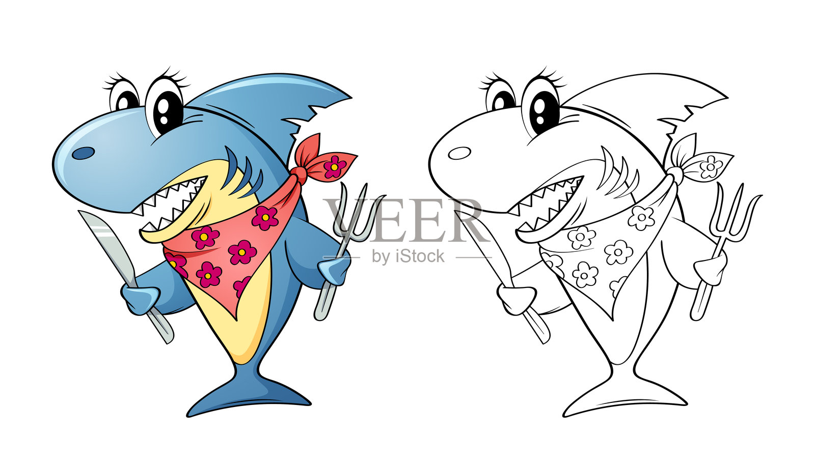 可爱的卡通鲨鱼，手持叉子和刀。黑白矢量插图，供着色本使用，并附有彩色示例。插画图片素材