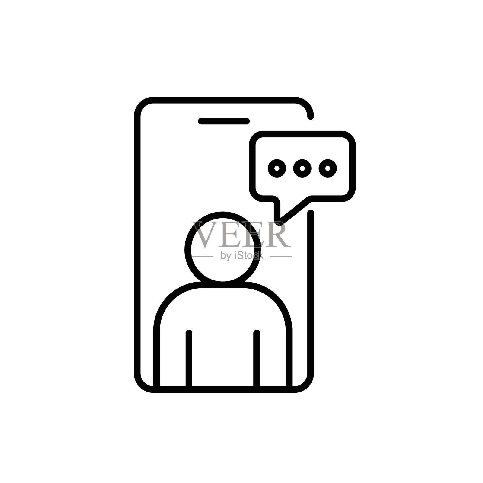 一个带有对话气泡的屏幕上的人物矢量图标，代表在线心理治疗，采用可编辑描边的线条风格创建插画图片素材