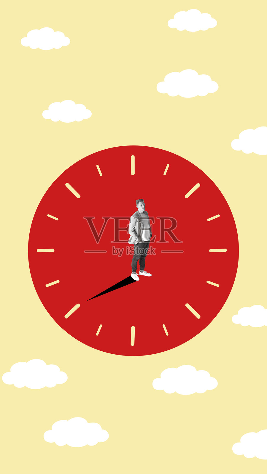 醒目明亮的广告海报。一个人站在时钟上，他的影子如同时钟的指针，背景是天空和云彩。照片摄影图片