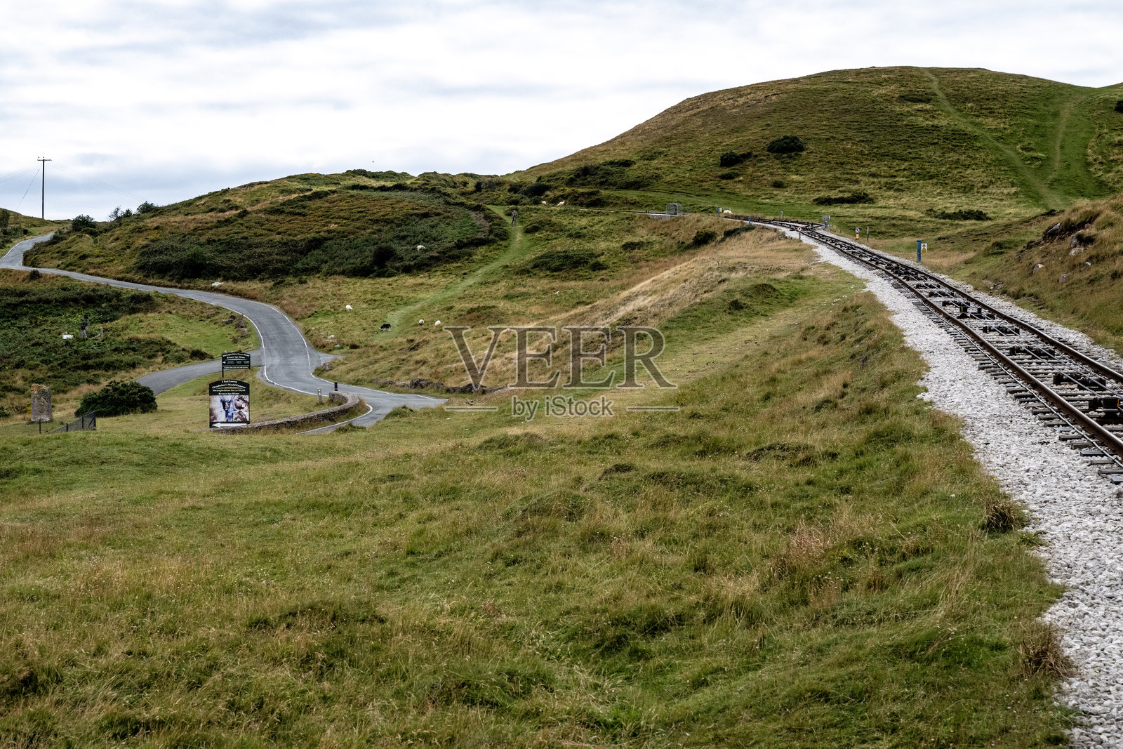 威尔士兰迪德诺，大奥姆山缆道轨道正向上攀升，通往山顶，并设有通往青铜时代矿山的指示牌照片摄影图片