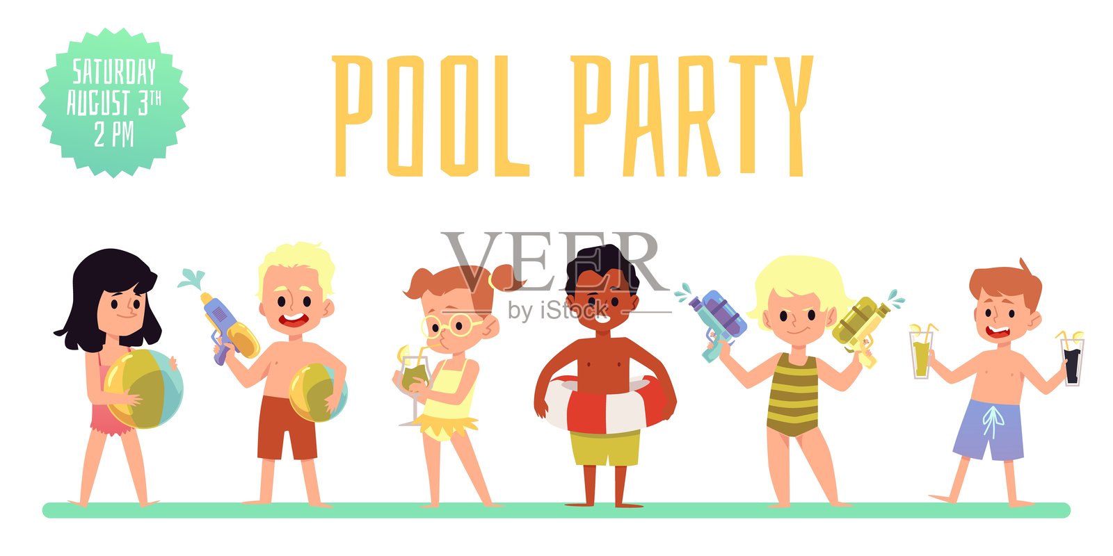 儿童泳池派对横幅，可爱的孩子们，矢量扁平插画，孤立。插画图片素材