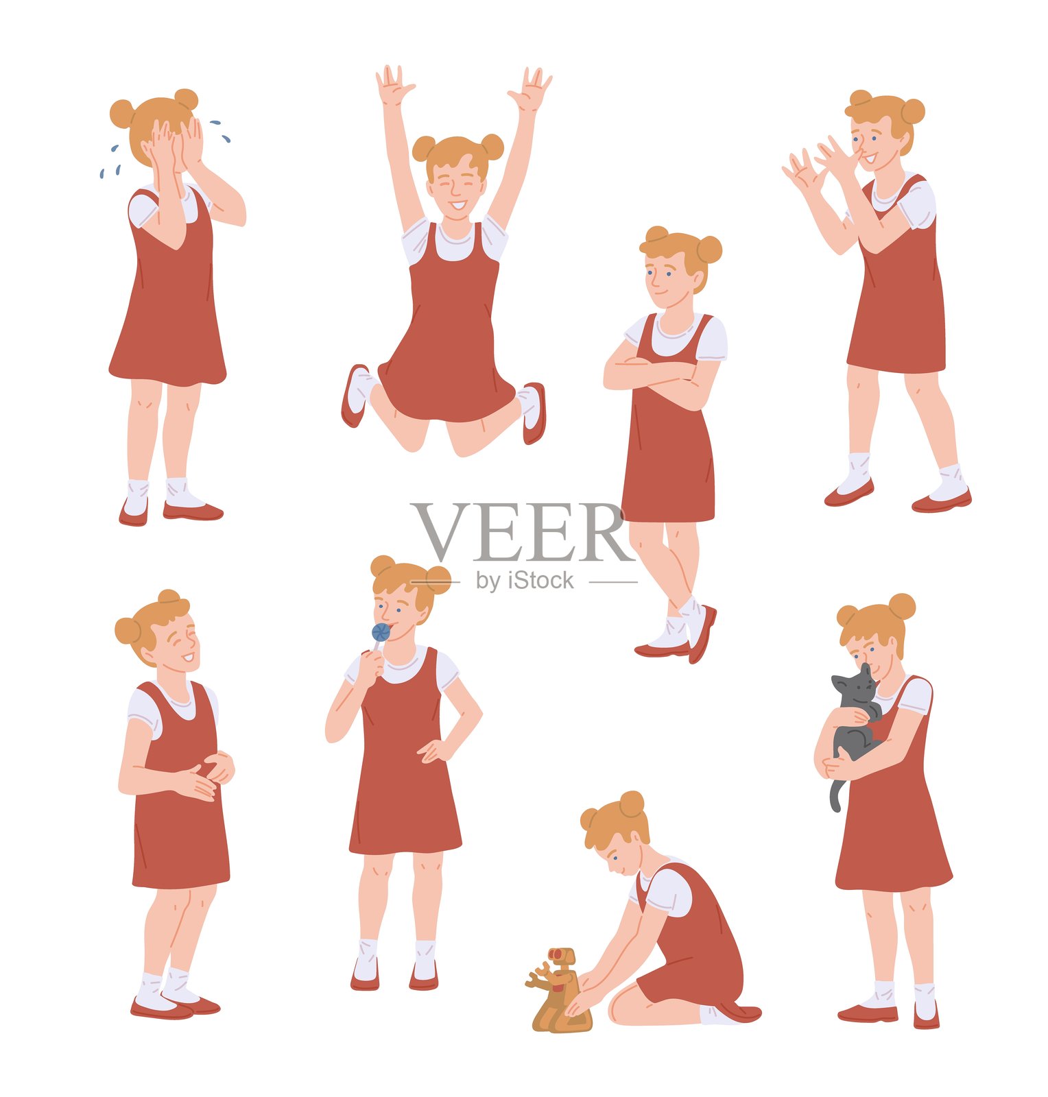 少女的各种情绪和行为集合，扁平化矢量插画，孤立。插画图片素材