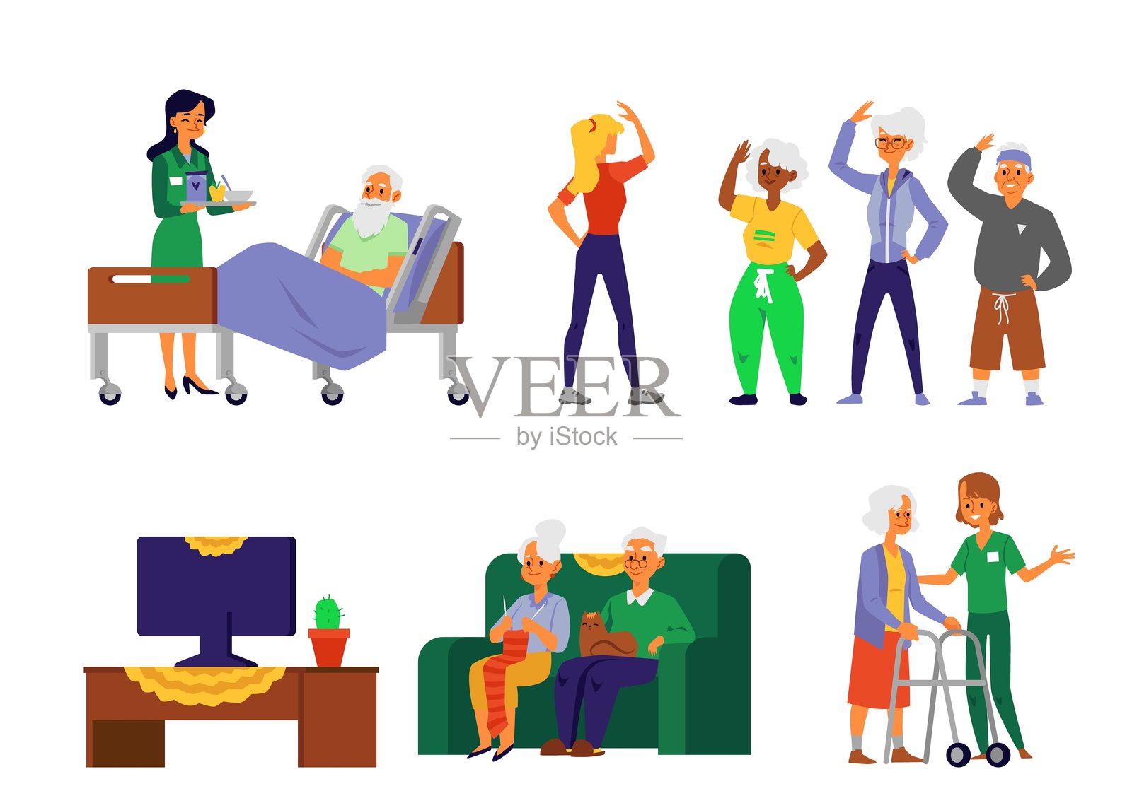 养老院护理中的老年人 - 老年男女休闲时光的卡通集插画图片素材