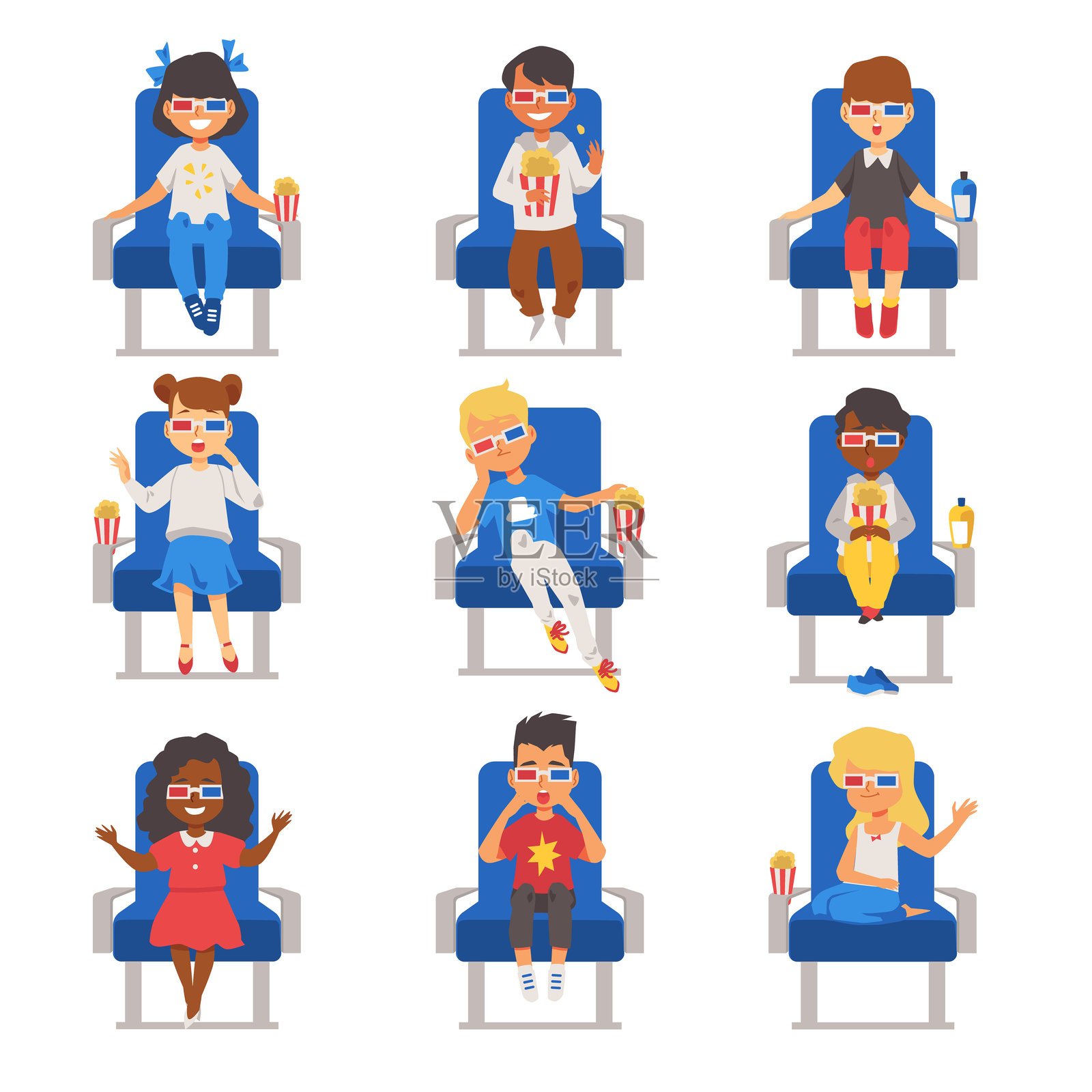 一套孩子戴着3D眼镜看电影的平面矢量插画，孤立的。插画图片素材
