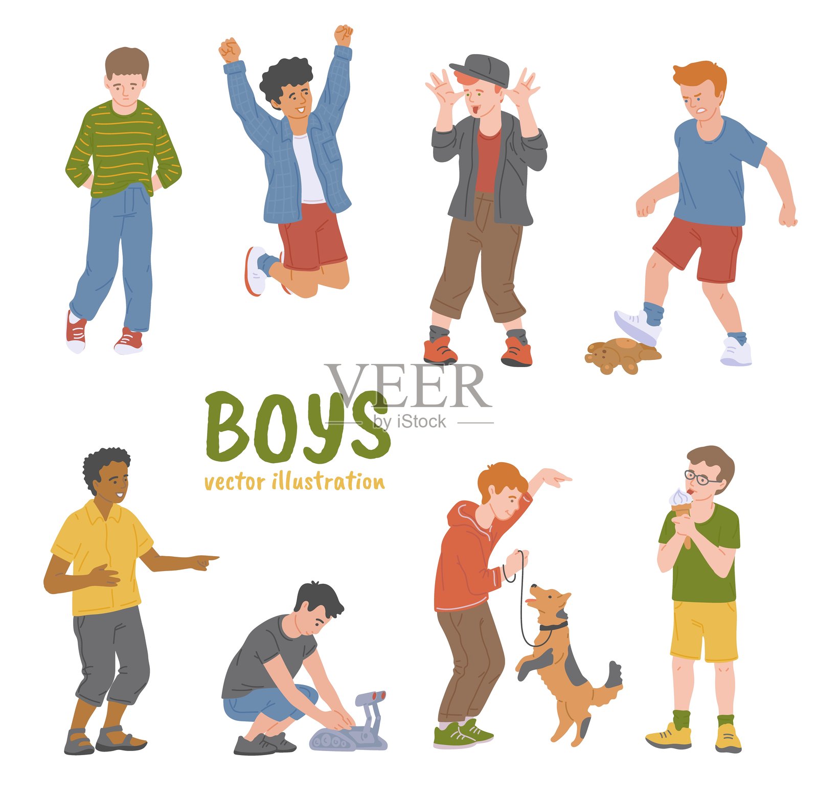 一套关于男孩良好行为和不良行为的平面矢量插画，孤立的。插画图片素材