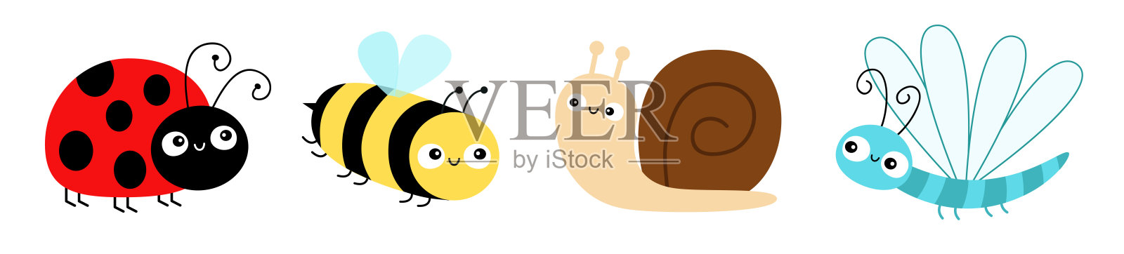 瓢虫、蜜蜂、蜻蜓、蜗牛，飞虫图标集合线条。可爱的卡通 kawaii 有趣的婴儿角色。情人节快乐。扁平化设计。白色背景。插画图片素材