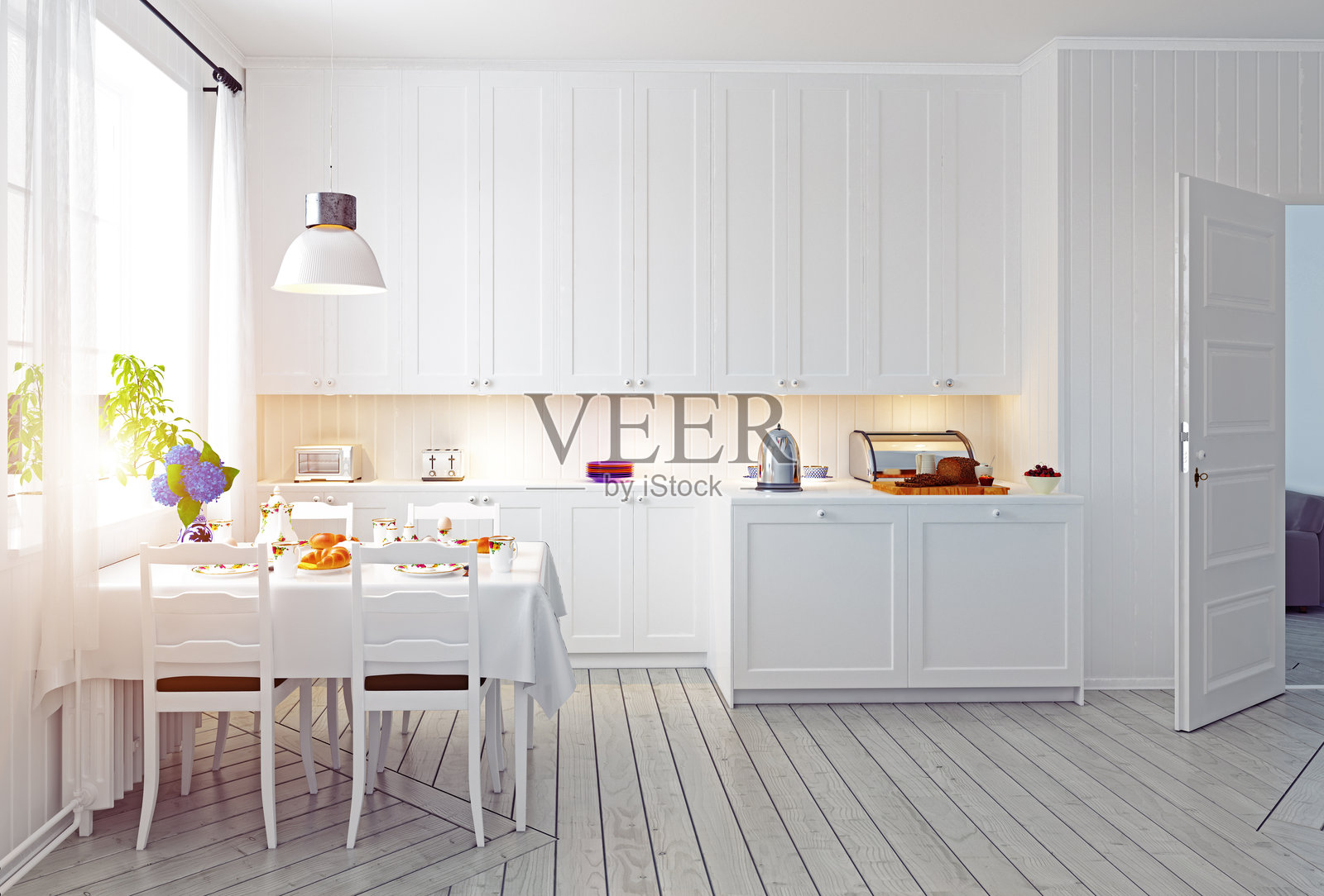 斯堪的纳维亚风格的现代白色厨房和餐厅。家居内部的3D渲染。照片摄影图片