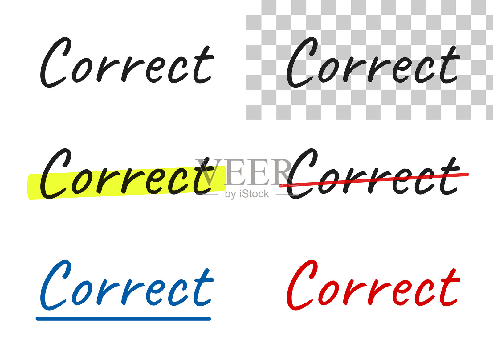 正确 - 手写文字，突出显示，划掉，在空白背景上加下划线插画图片素材
