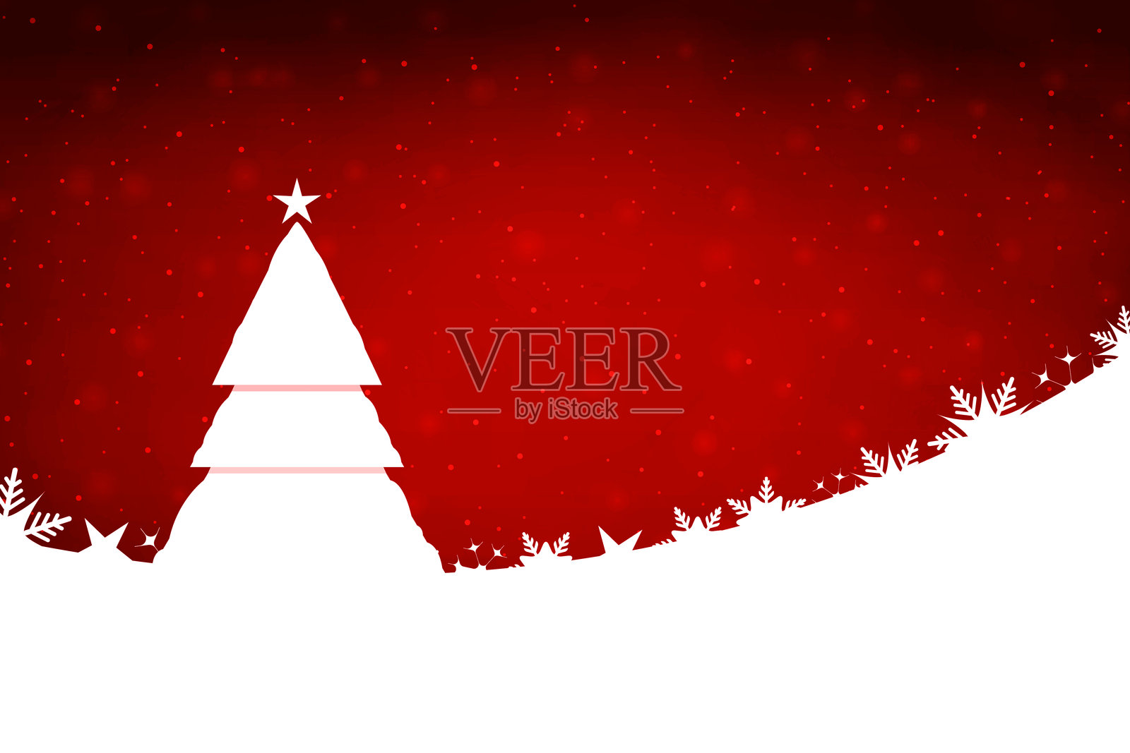 横向的白色、暗红、栗色闪亮矢量背景，带有雪花图案和圣诞树，在弯曲的雪坡上构成卡通节日场景的边框，新年背景插画图片素材