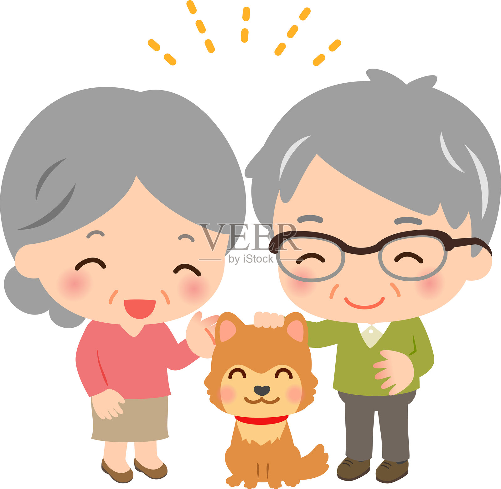 一对年迈的夫妇深情地照看着他们的狗插画图片素材