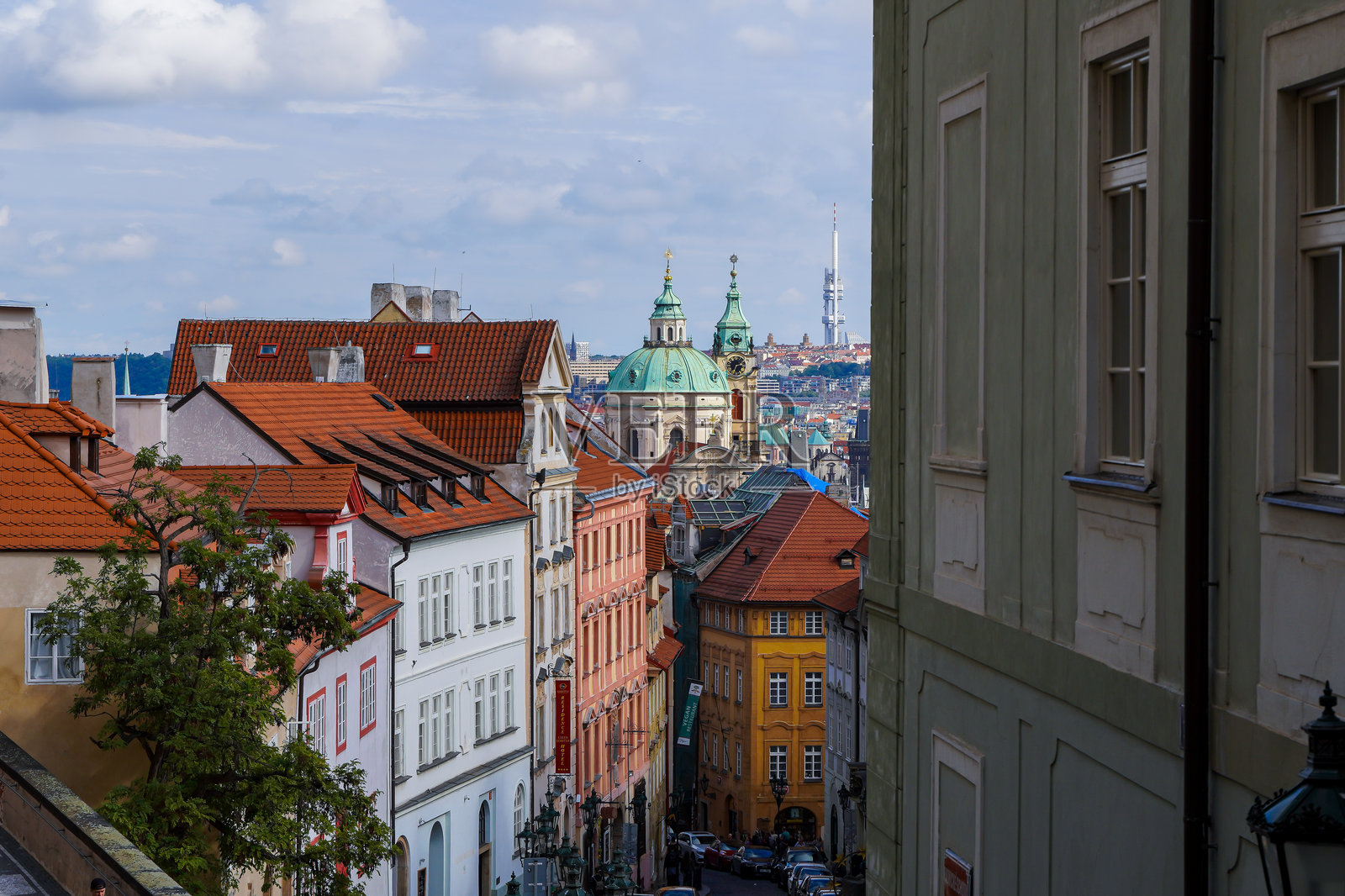 捷克共和国布拉格小城圣尼古拉教堂的绝美鸟瞰图——令人惊叹的巴洛克杰作，周围环绕着色彩缤纷的旧建筑和鹅卵石街道照片摄影图片