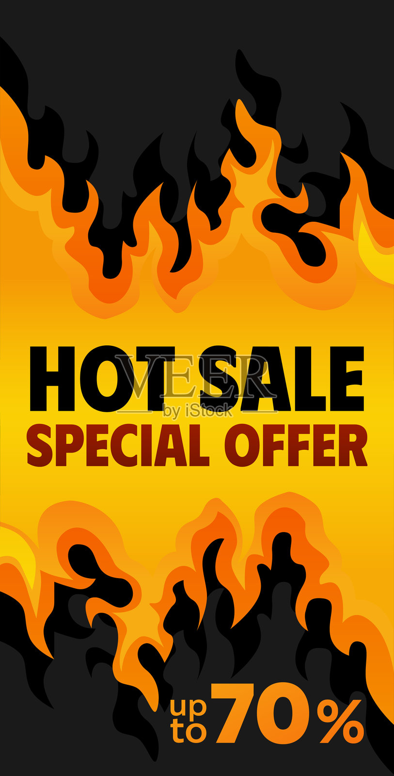 热卖特惠竖幅模板。超级促销黑色星期五，黑色背景上的火焰。插画图片素材