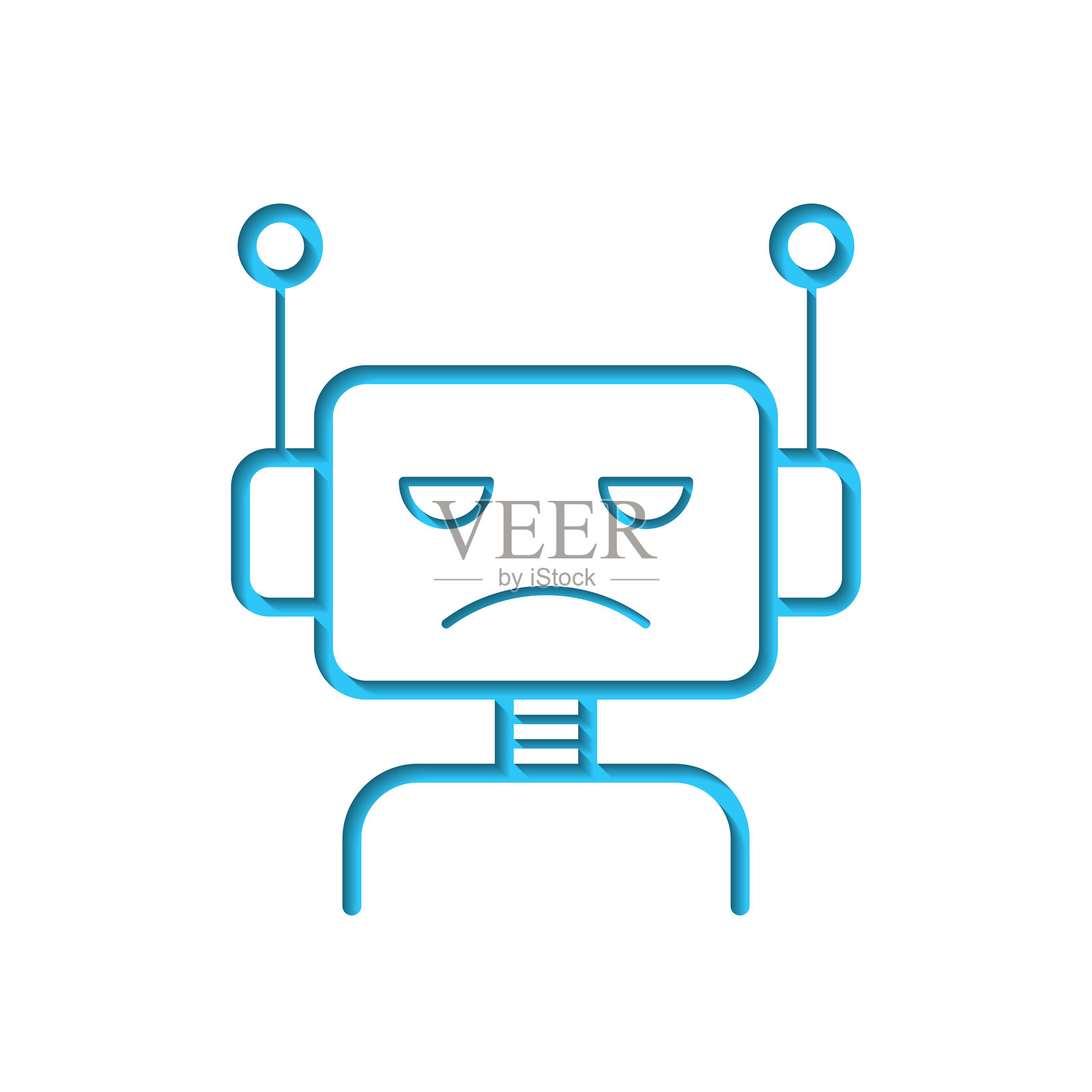 悲伤的机器人头部图标，抠图于白色纸张，背景为蓝色插画图片素材