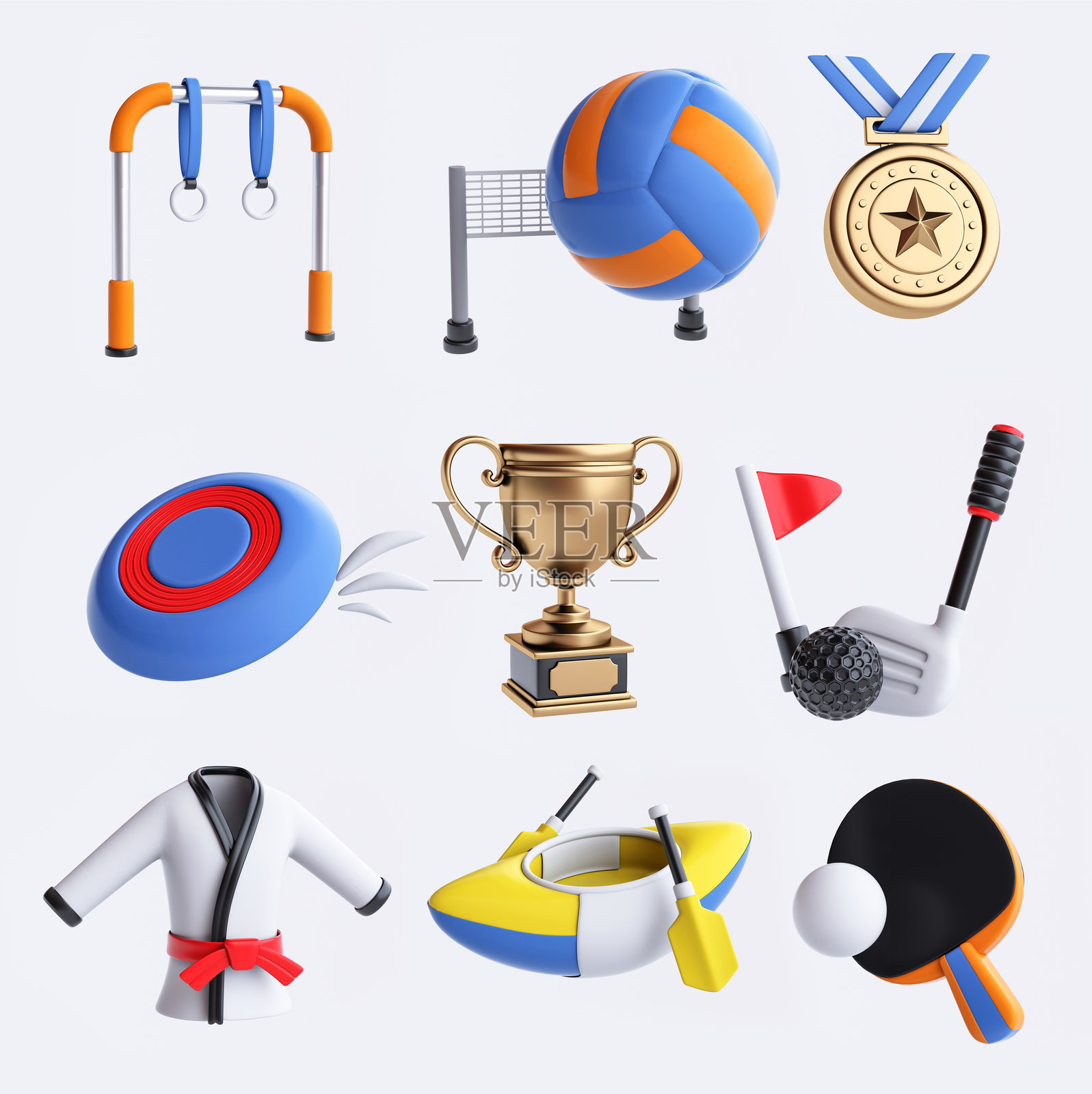 3D运动图标合集，孤立在白色背景上，展现健康生活方式的运动与休闲概念。照片摄影图片