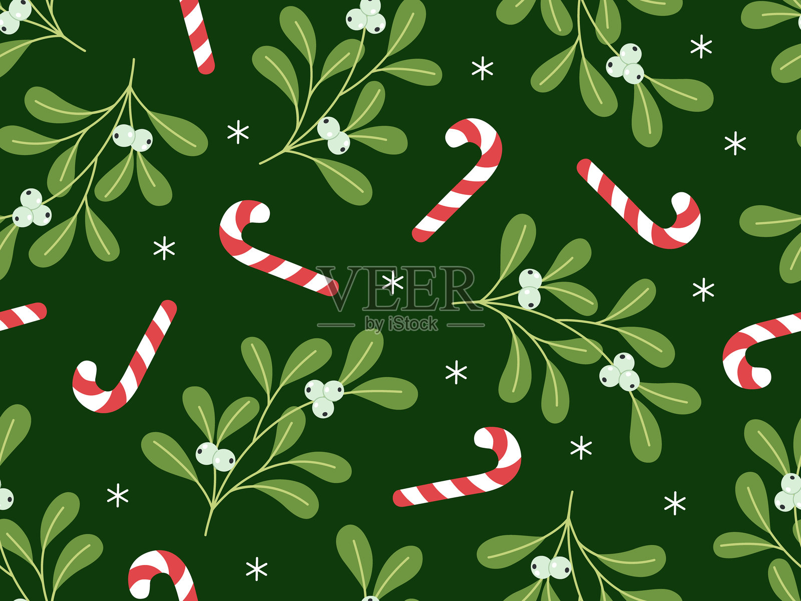 矢量圣诞图案，包含卡通拐杖糖、槲寄生和雪花。插画图片素材